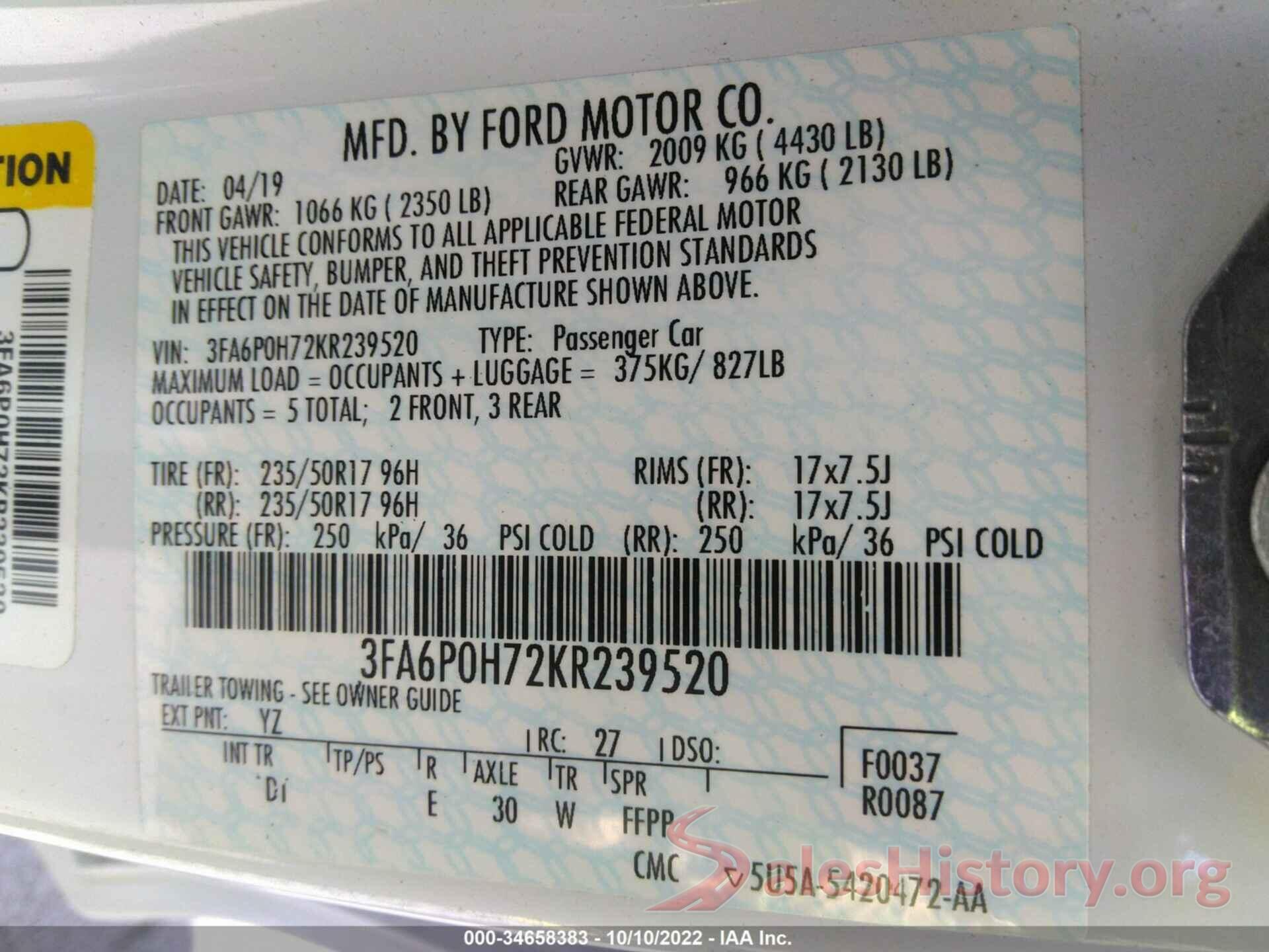 3FA6P0H72KR239520 2019 FORD FUSION