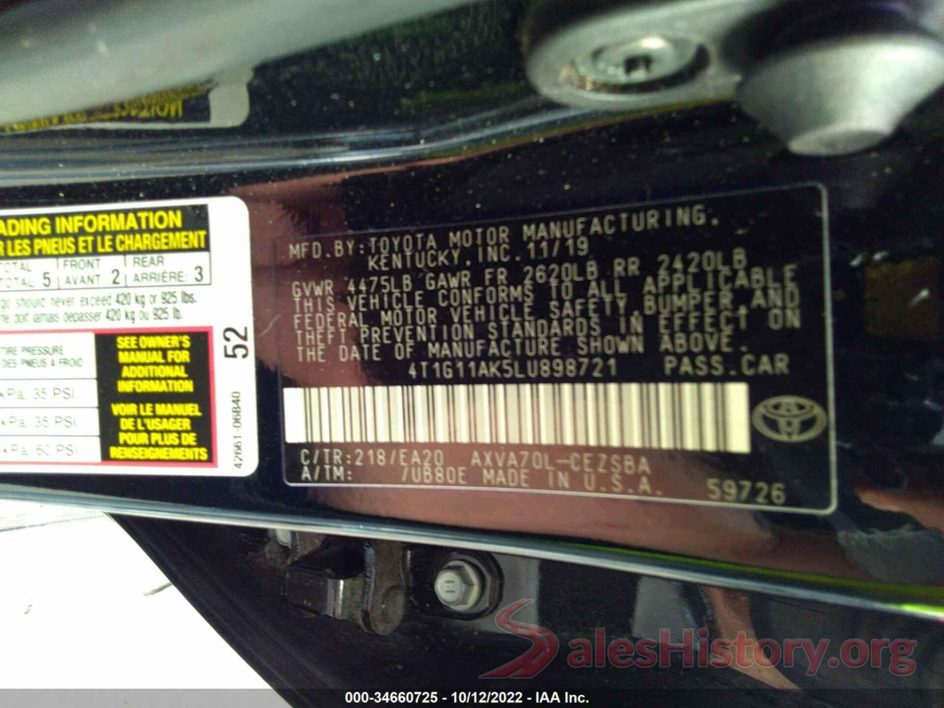 4T1G11AK5LU898721 2020 TOYOTA CAMRY