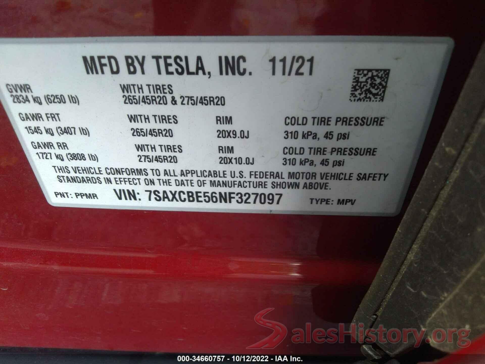 7SAXCBE56NF327097 2022 TESLA MODEL X