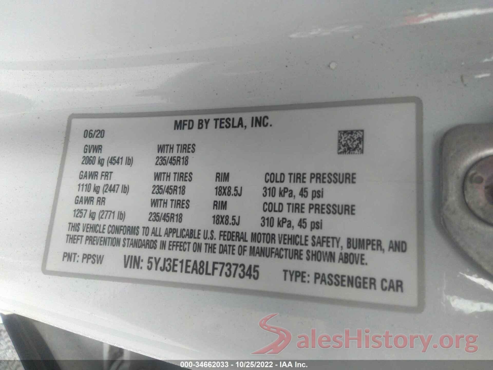 5YJ3E1EA8LF737345 2020 TESLA MODEL 3