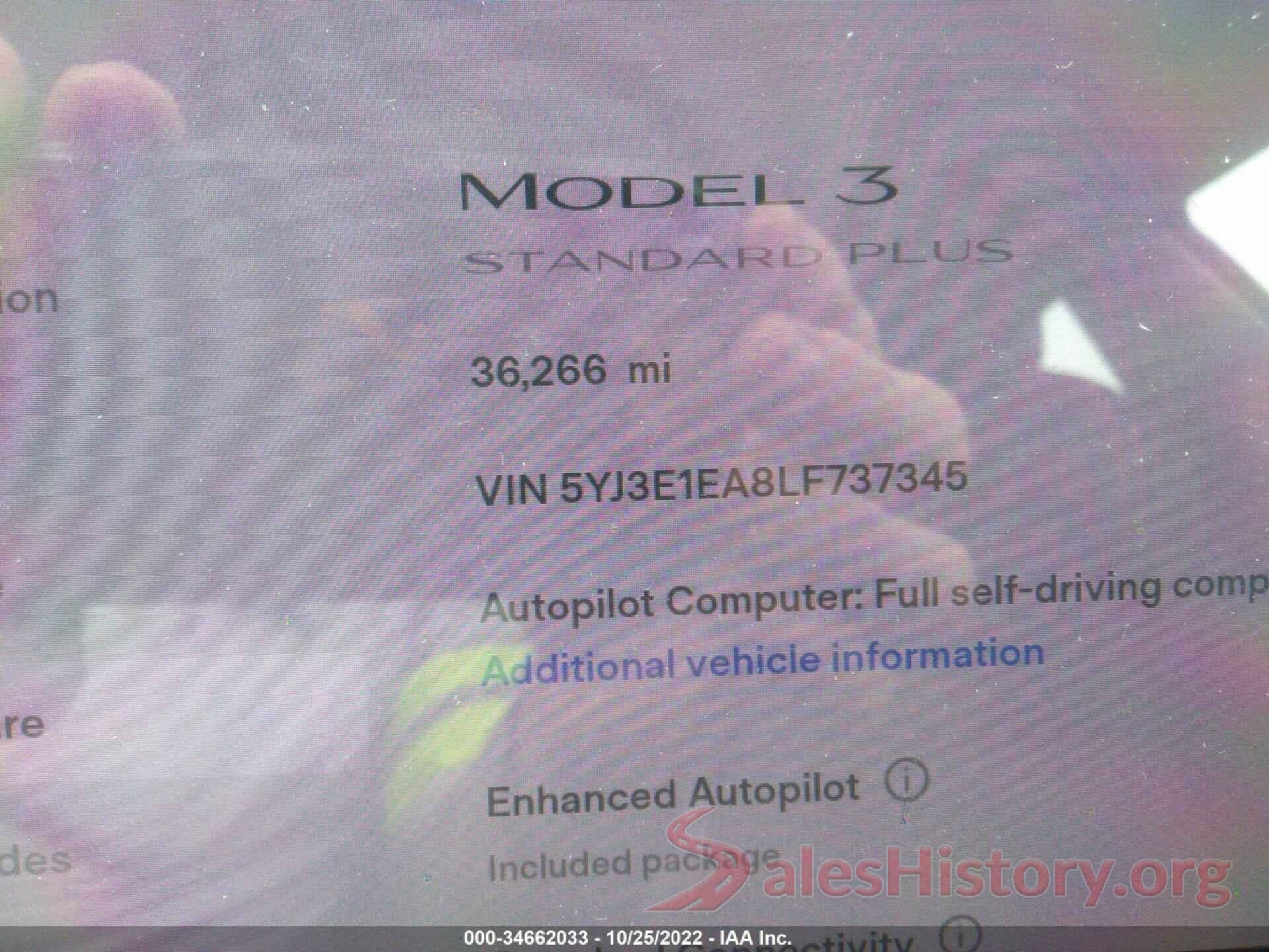 5YJ3E1EA8LF737345 2020 TESLA MODEL 3