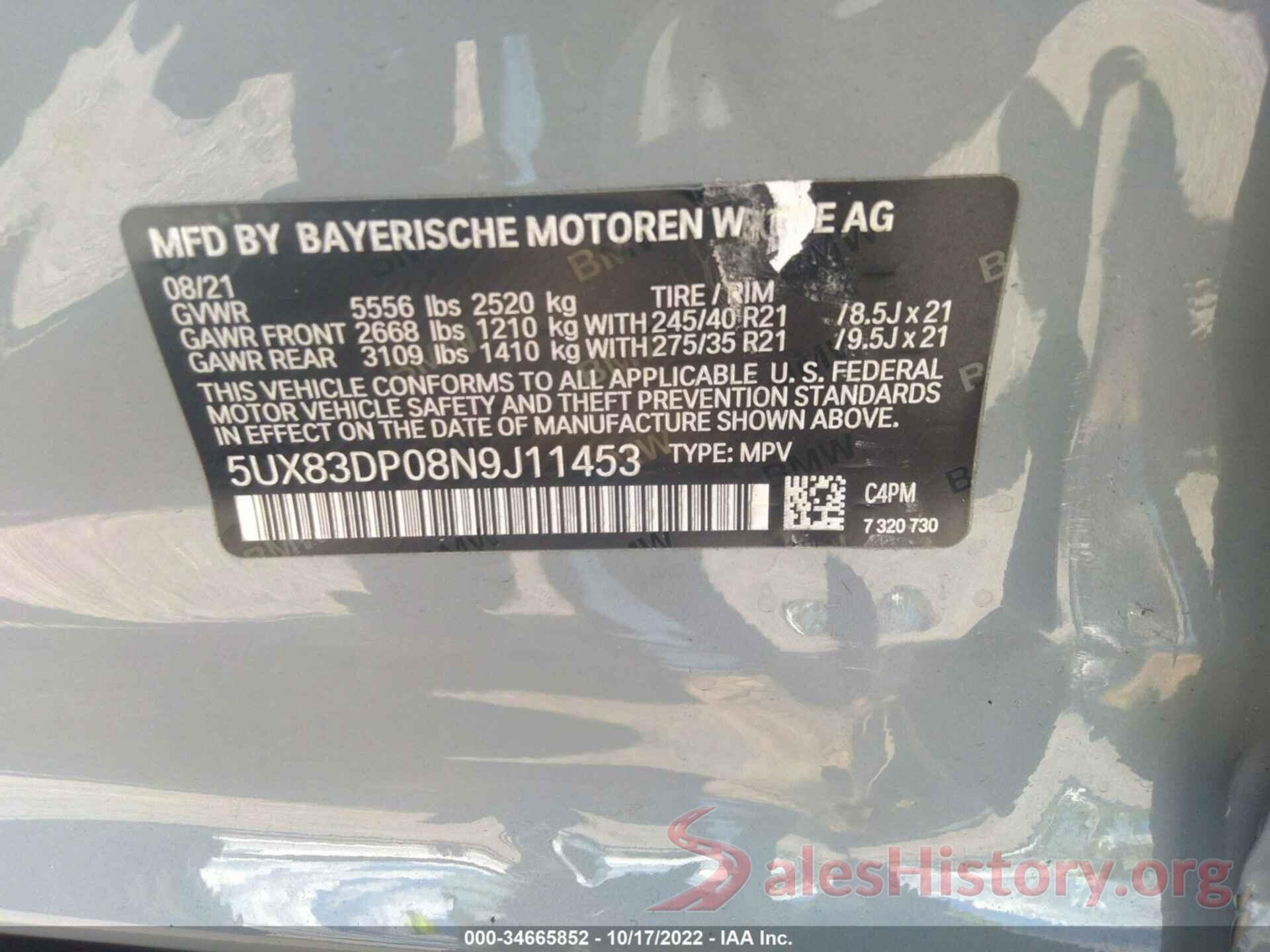 5UX83DP08N9J11453 2022 BMW X3