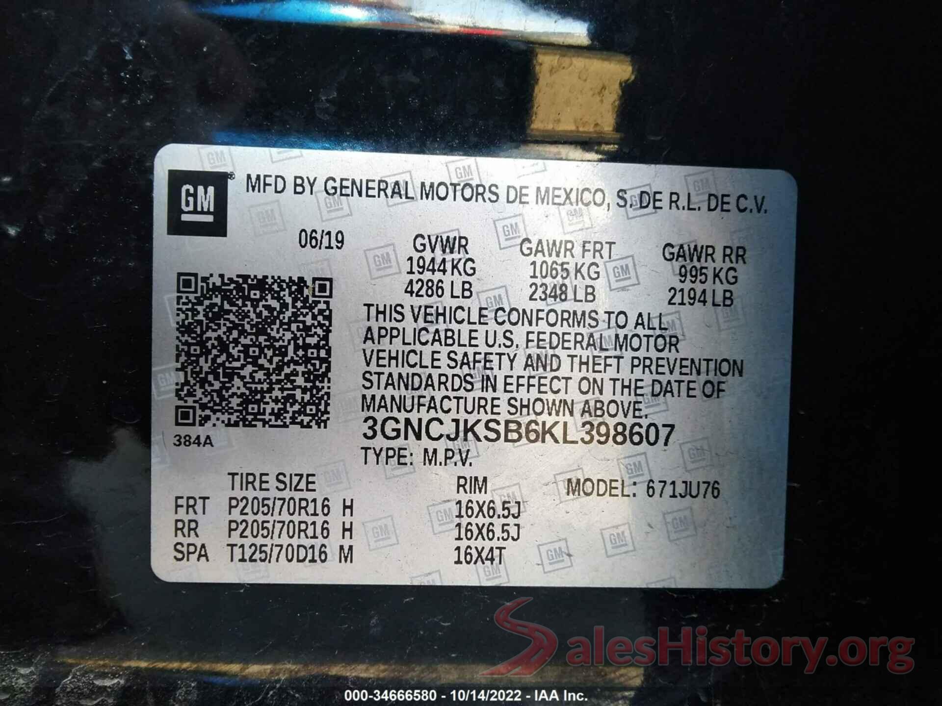 3GNCJKSB6KL398607 2019 CHEVROLET TRAX