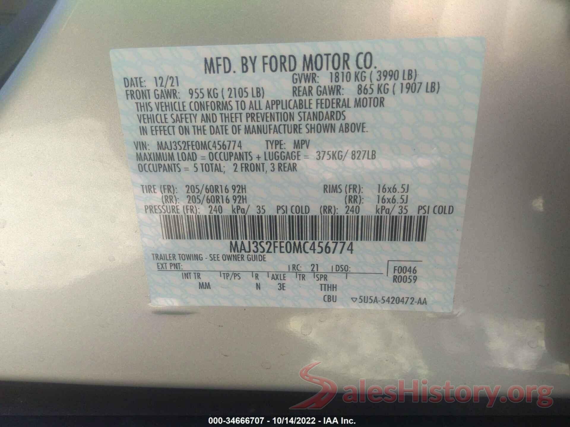 MAJ3S2FE0MC456774 2021 FORD ECOSPORT