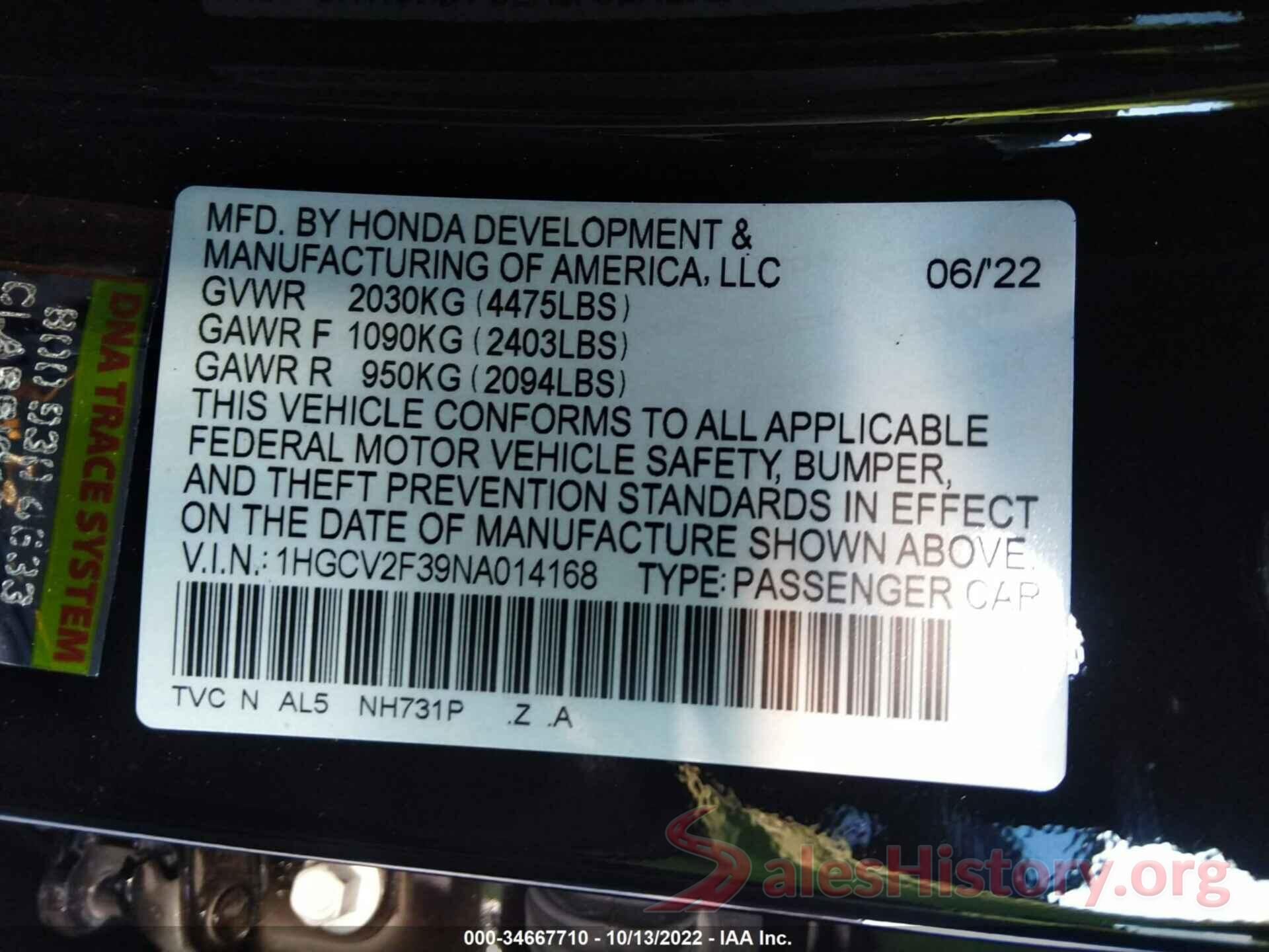 1HGCV2F39NA014168 2022 HONDA ACCORD SEDAN