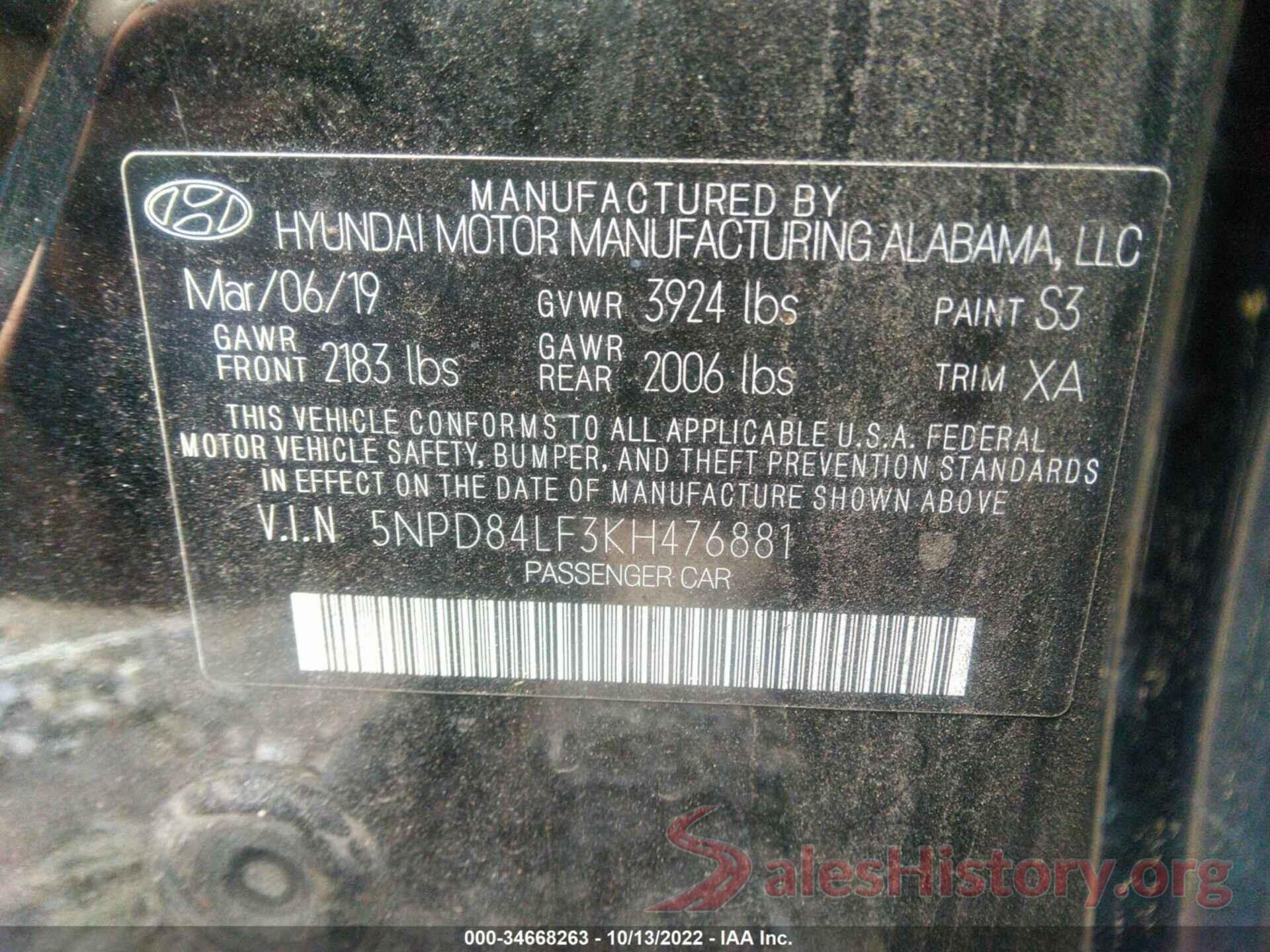 5NPD84LF3KH476881 2019 HYUNDAI ELANTRA