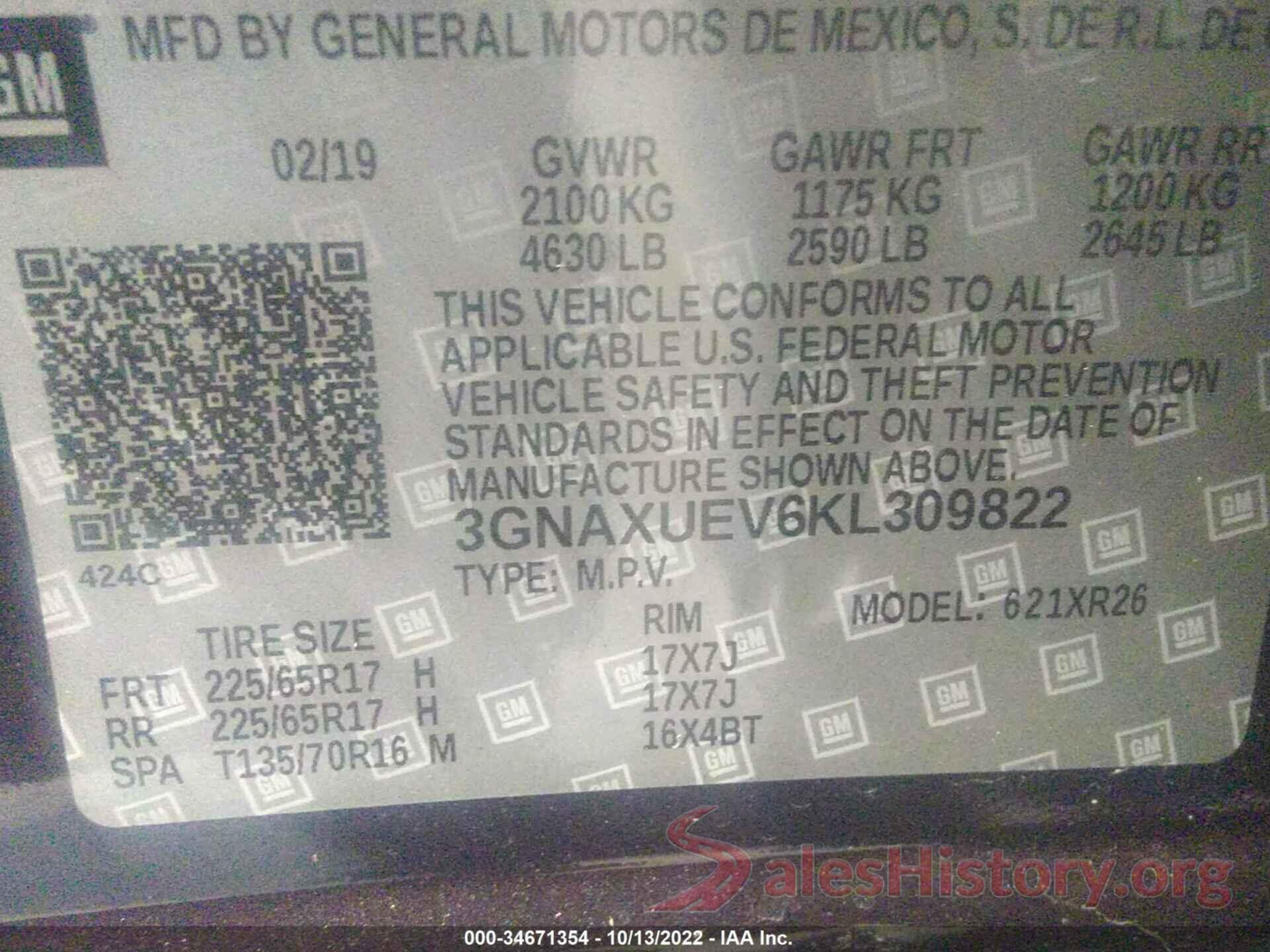 3GNAXUEV6KL309822 2019 CHEVROLET EQUINOX