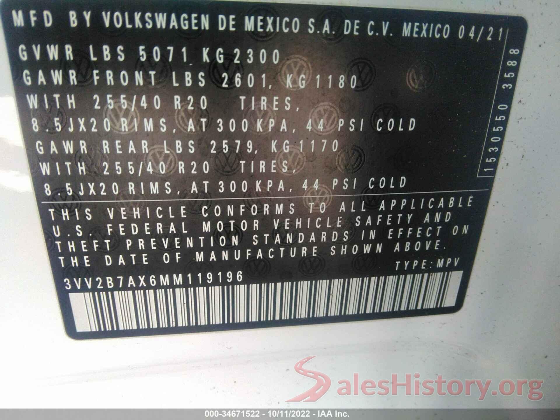 3VV2B7AX6MM119196 2021 VOLKSWAGEN TIGUAN