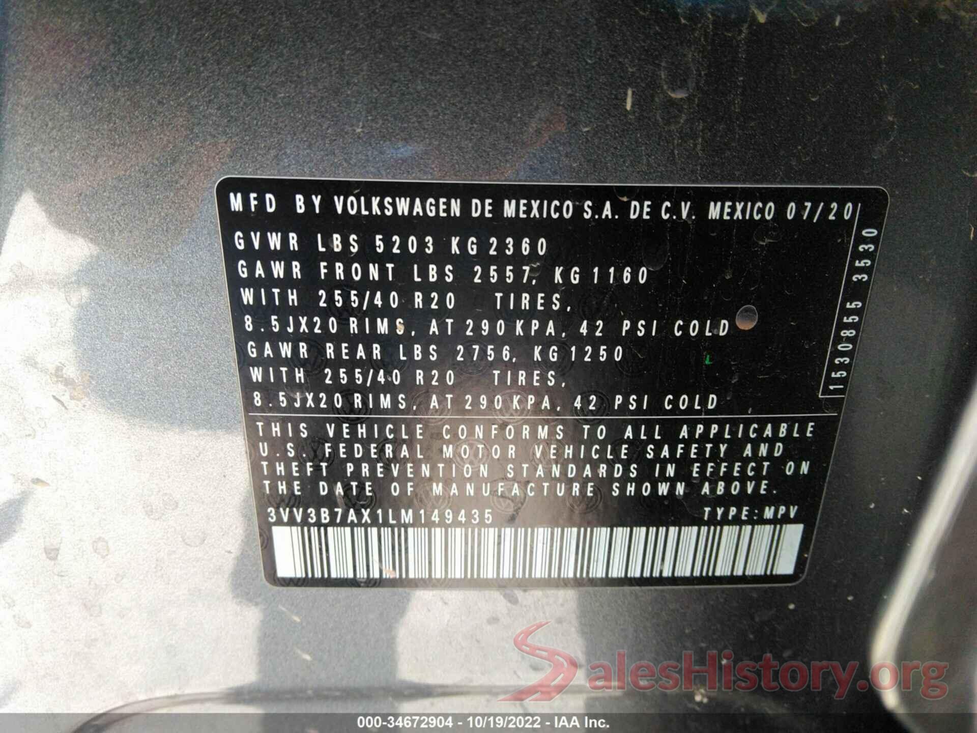 3VV3B7AX1LM149435 2020 VOLKSWAGEN TIGUAN