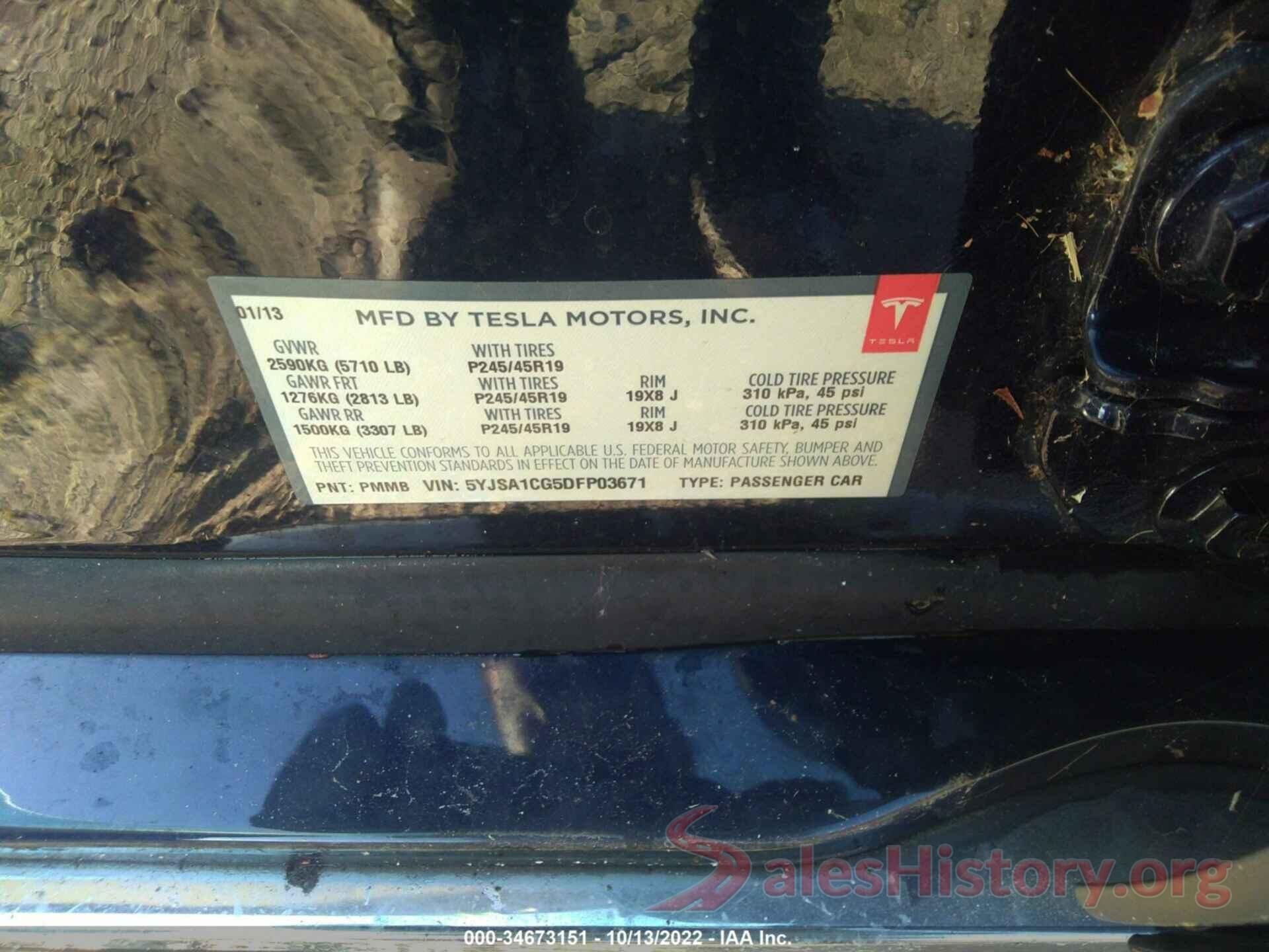 5YJSA1CG5DFP03671 2013 TESLA MODEL S