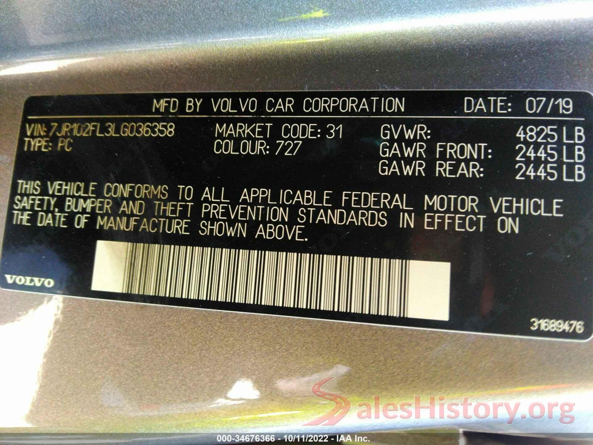 7JR102FL3LG036358 2020 VOLVO S60