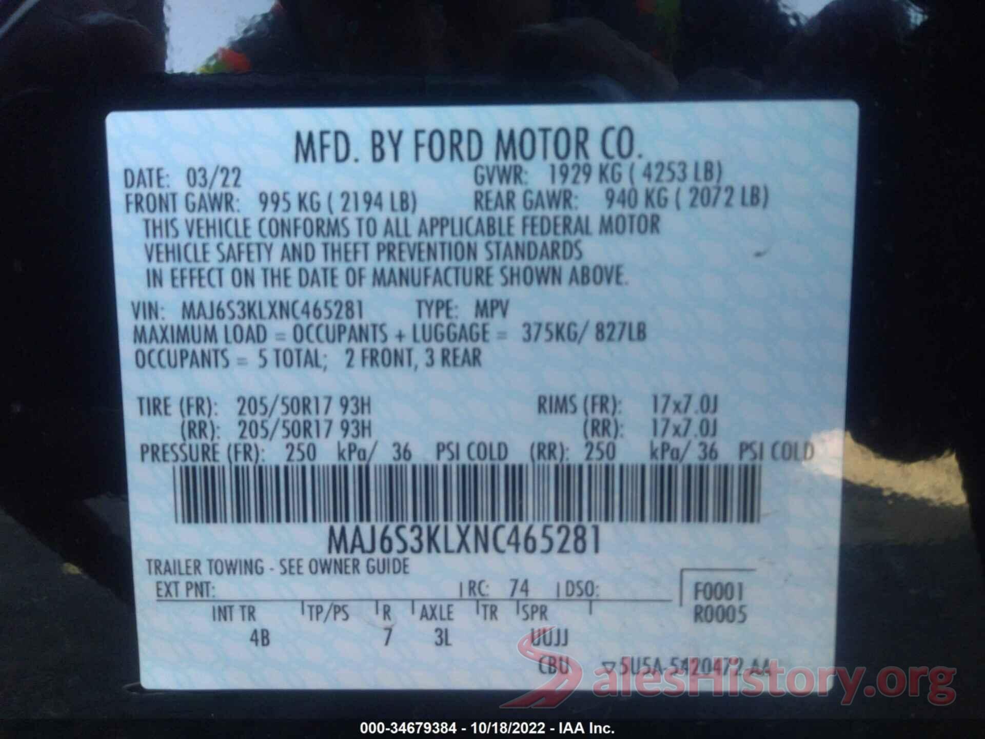 MAJ6S3KLXNC465281 2022 FORD ECOSPORT