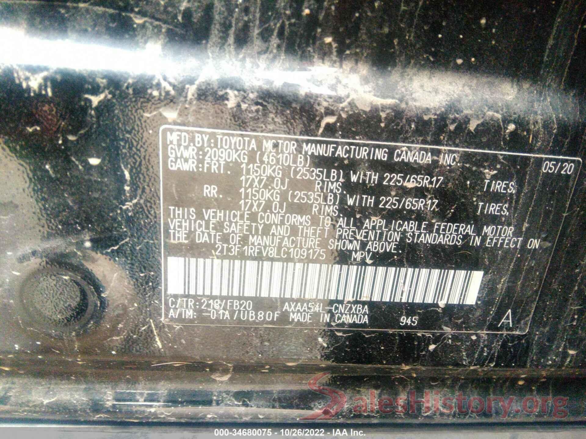 2T3F1RFV8LC109175 2020 TOYOTA RAV4