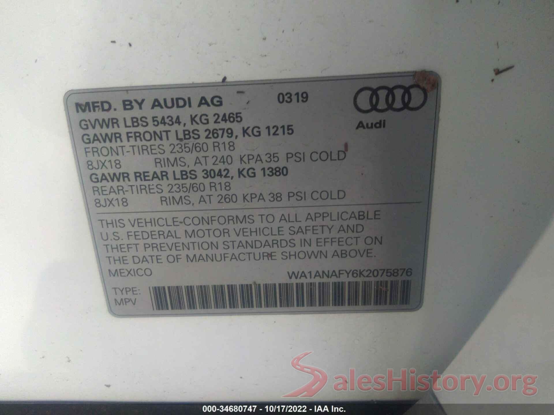 WA1ANAFY6K2075876 2019 AUDI Q5