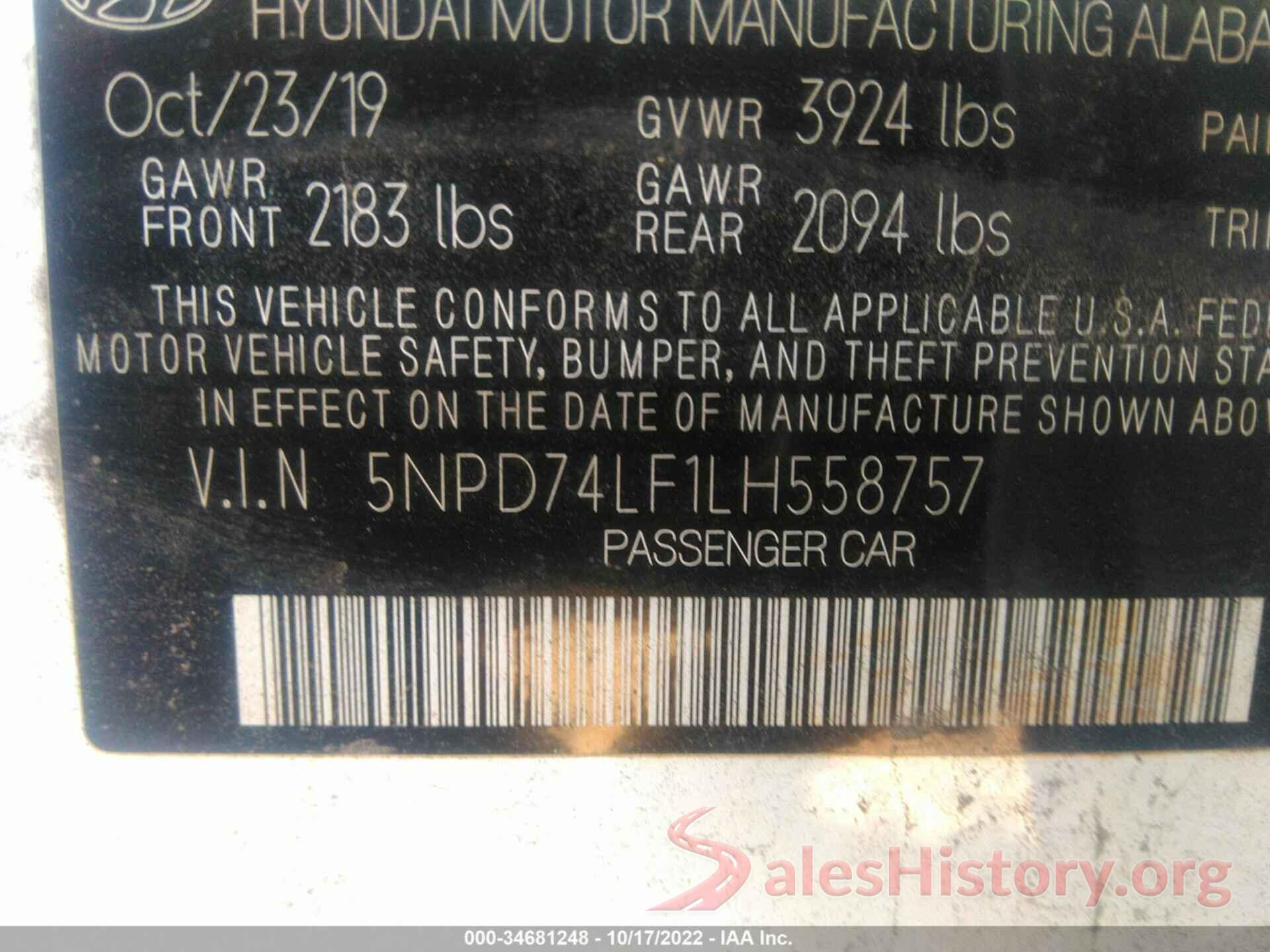 5NPD74LF1LH558757 2020 HYUNDAI ELANTRA