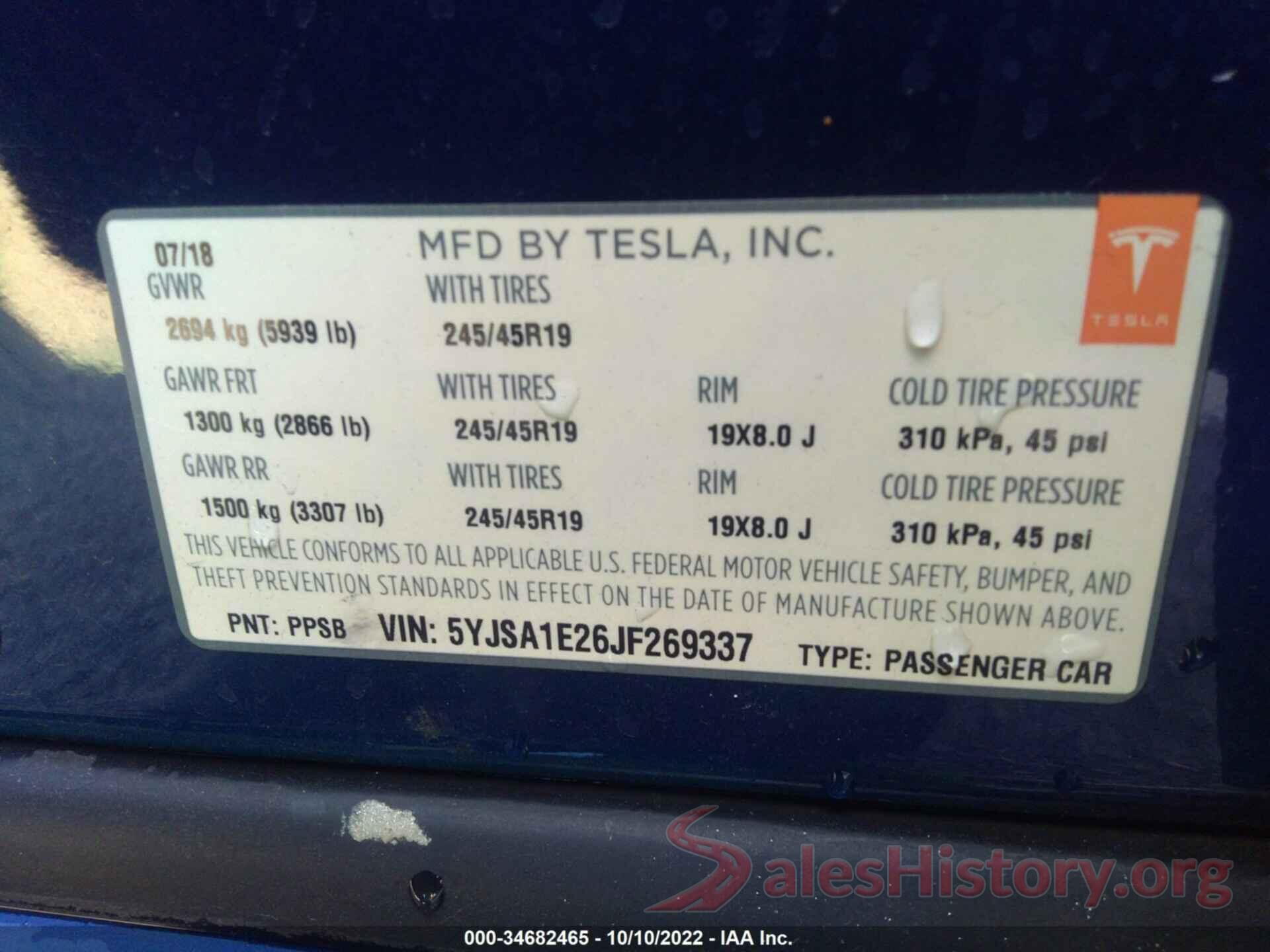 5YJSA1E26JF269337 2018 TESLA MODEL S