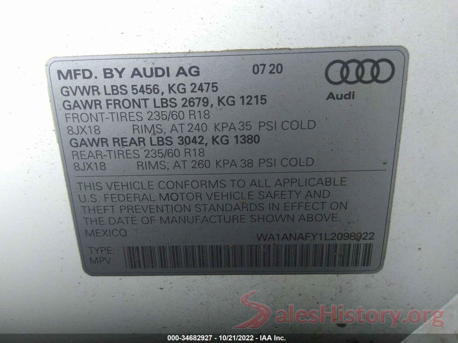 WA1ANAFY1L2098922 2020 AUDI Q5