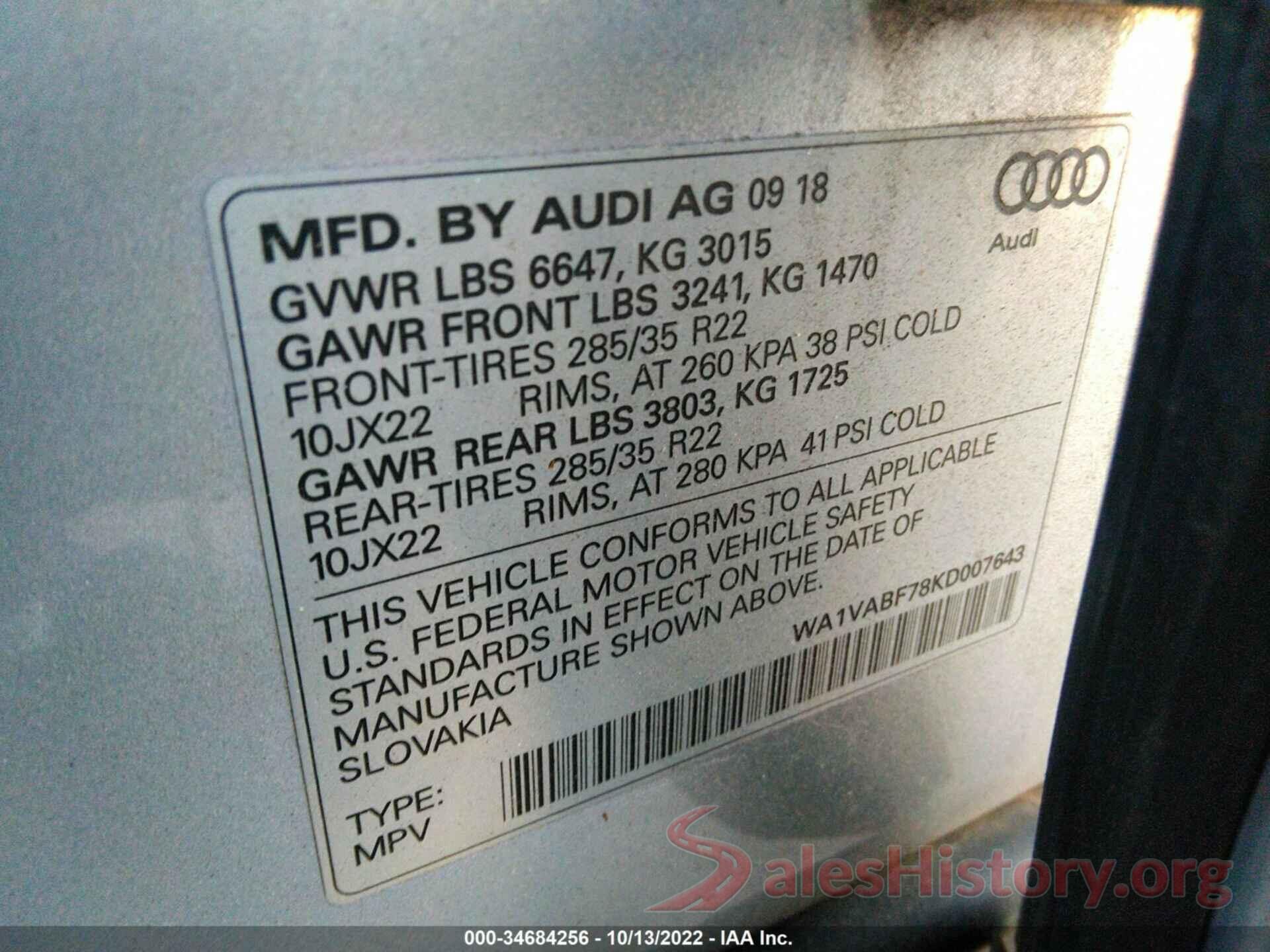 WA1VABF78KD007643 2019 AUDI Q7