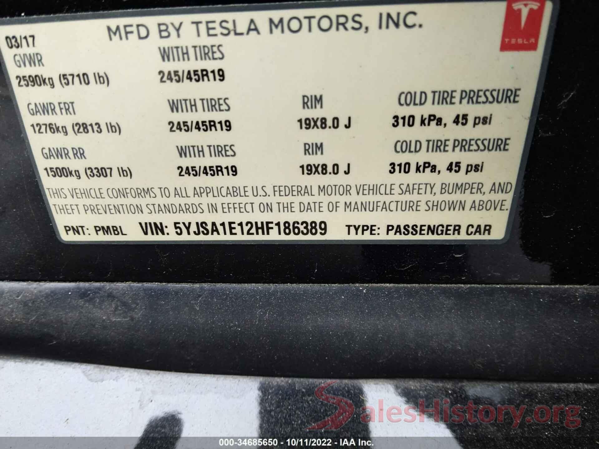 5YJSA1E12HF186389 2017 TESLA MODEL S