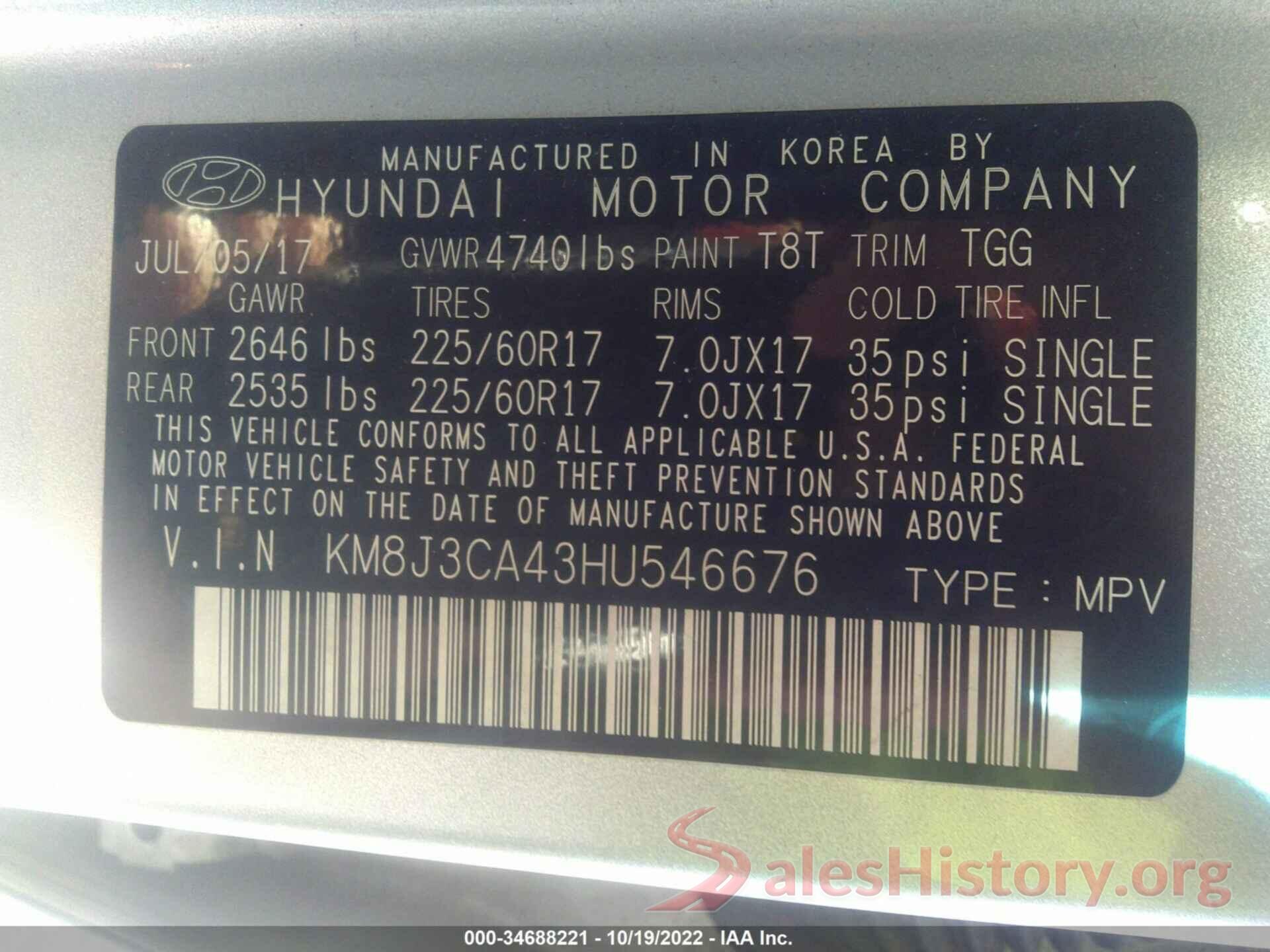 KM8J3CA43HU546676 2017 HYUNDAI TUCSON