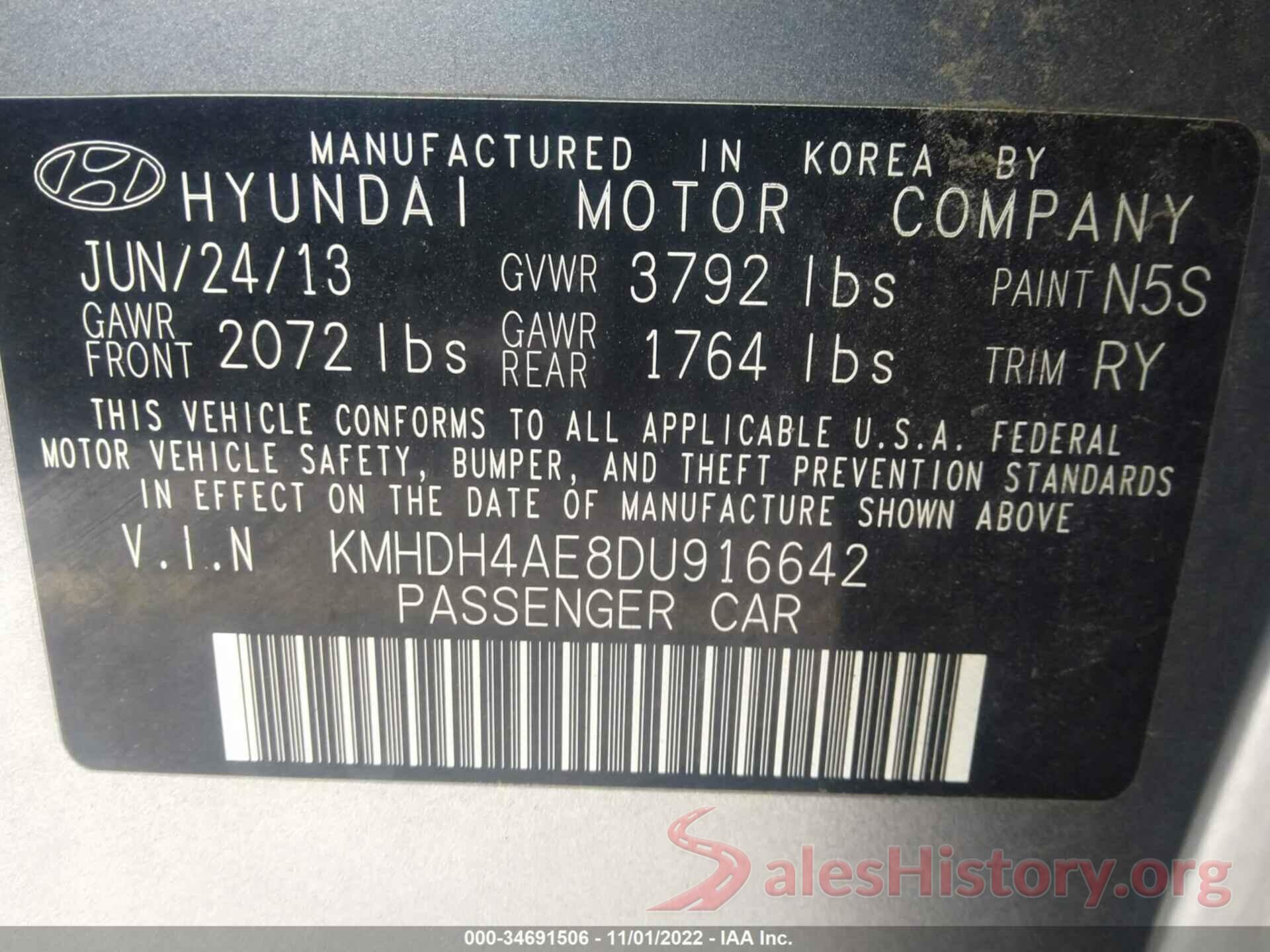 KMHDH4AE8DU916642 2013 HYUNDAI ELANTRA