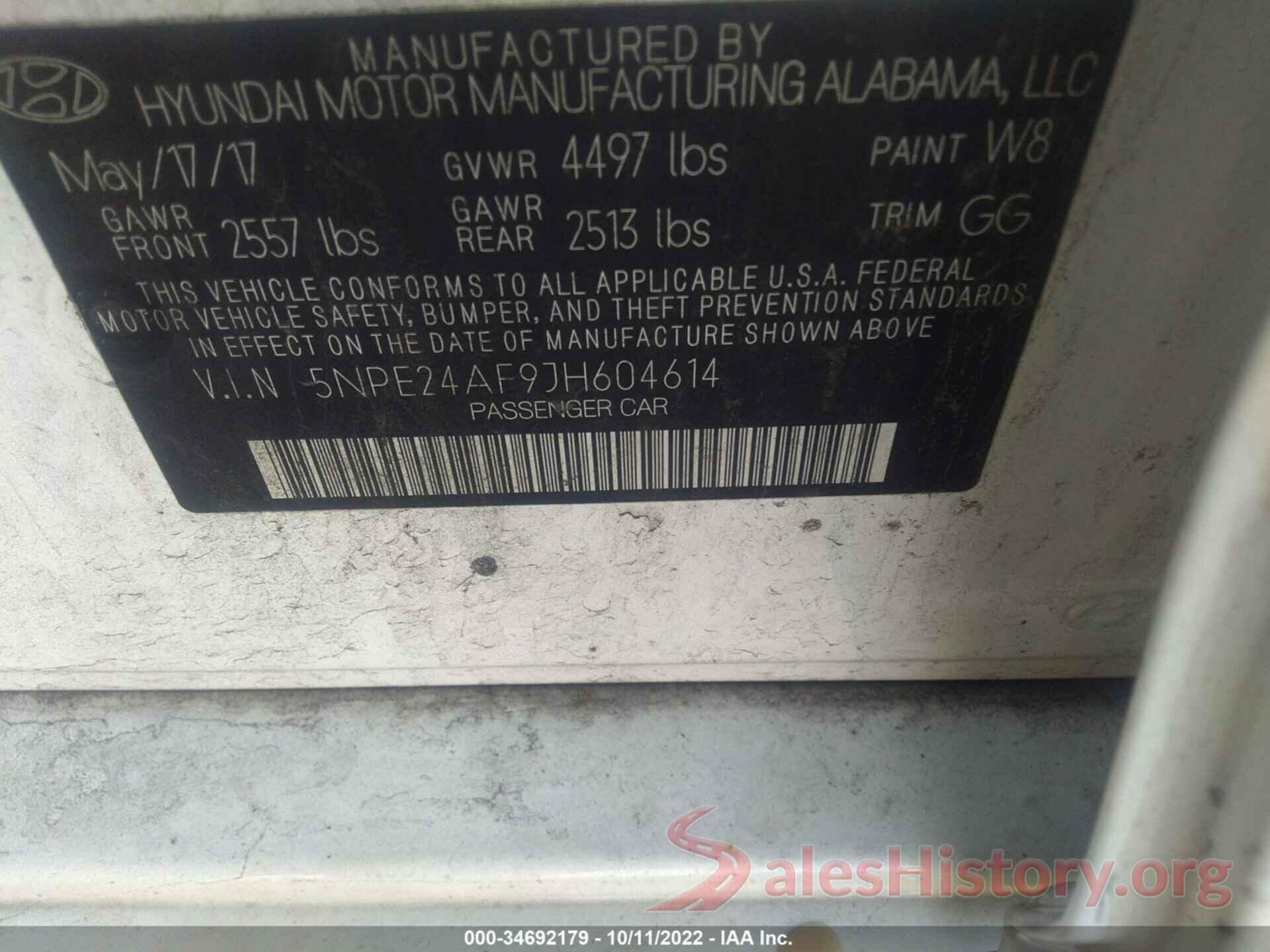 5NPE24AF9JH604614 2018 HYUNDAI SONATA