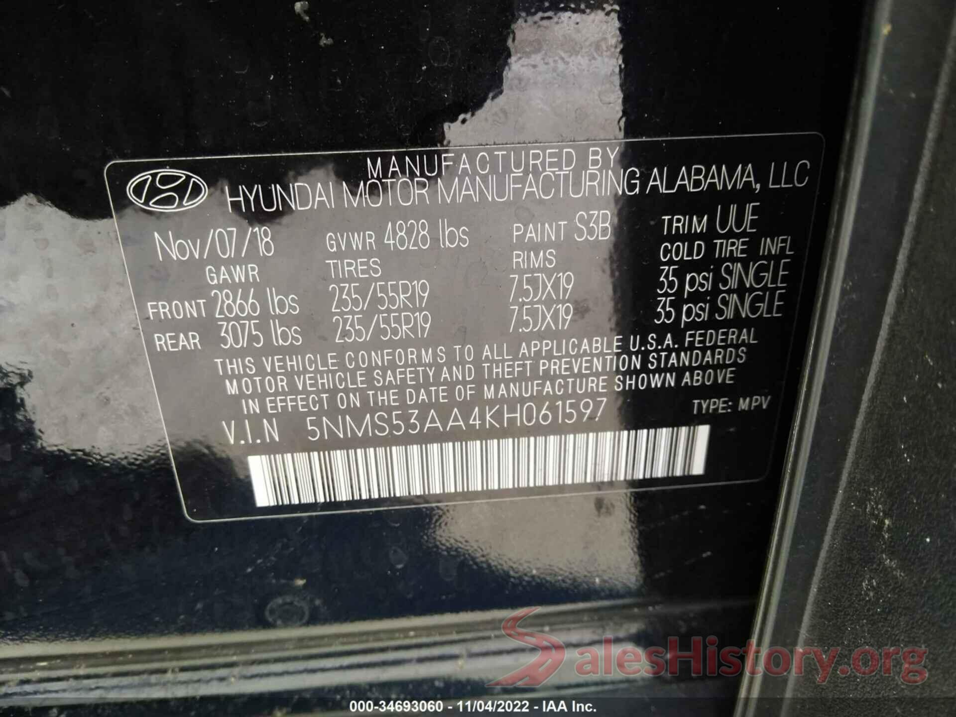 5NMS53AA4KH061597 2019 HYUNDAI SANTA FE