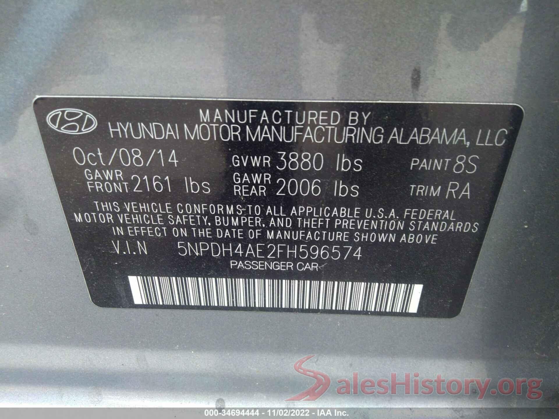 5NPDH4AE2FH596574 2015 HYUNDAI ELANTRA