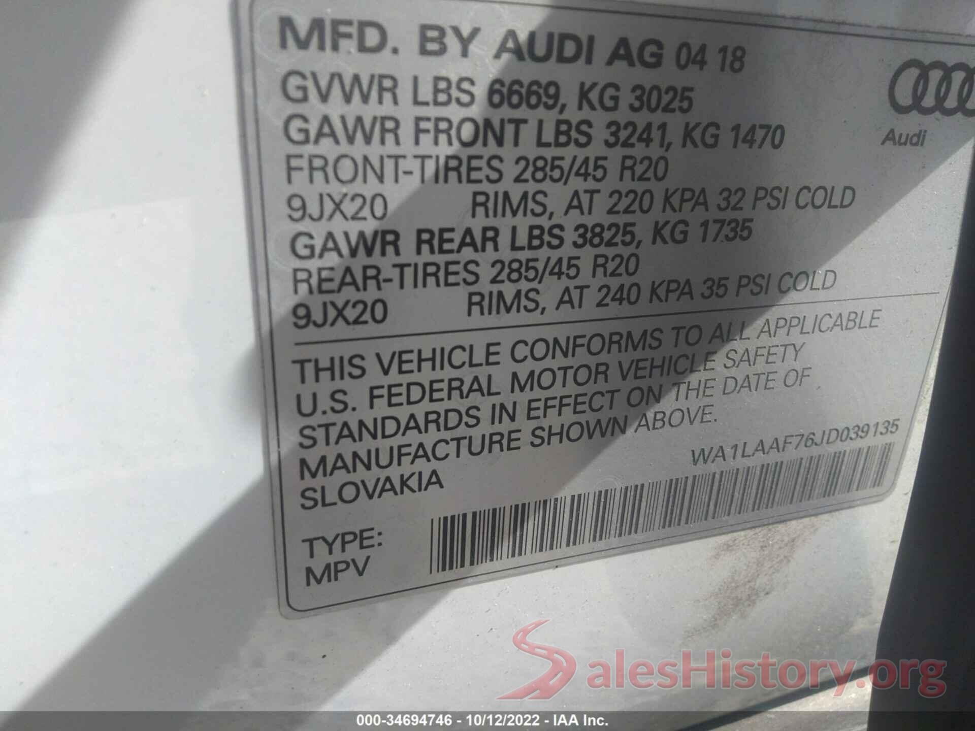 WA1LAAF76JD039135 2018 AUDI Q7