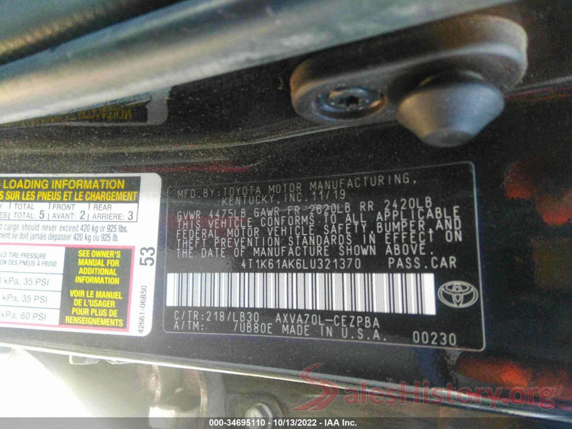 4T1K61AK6LU321370 2020 TOYOTA CAMRY