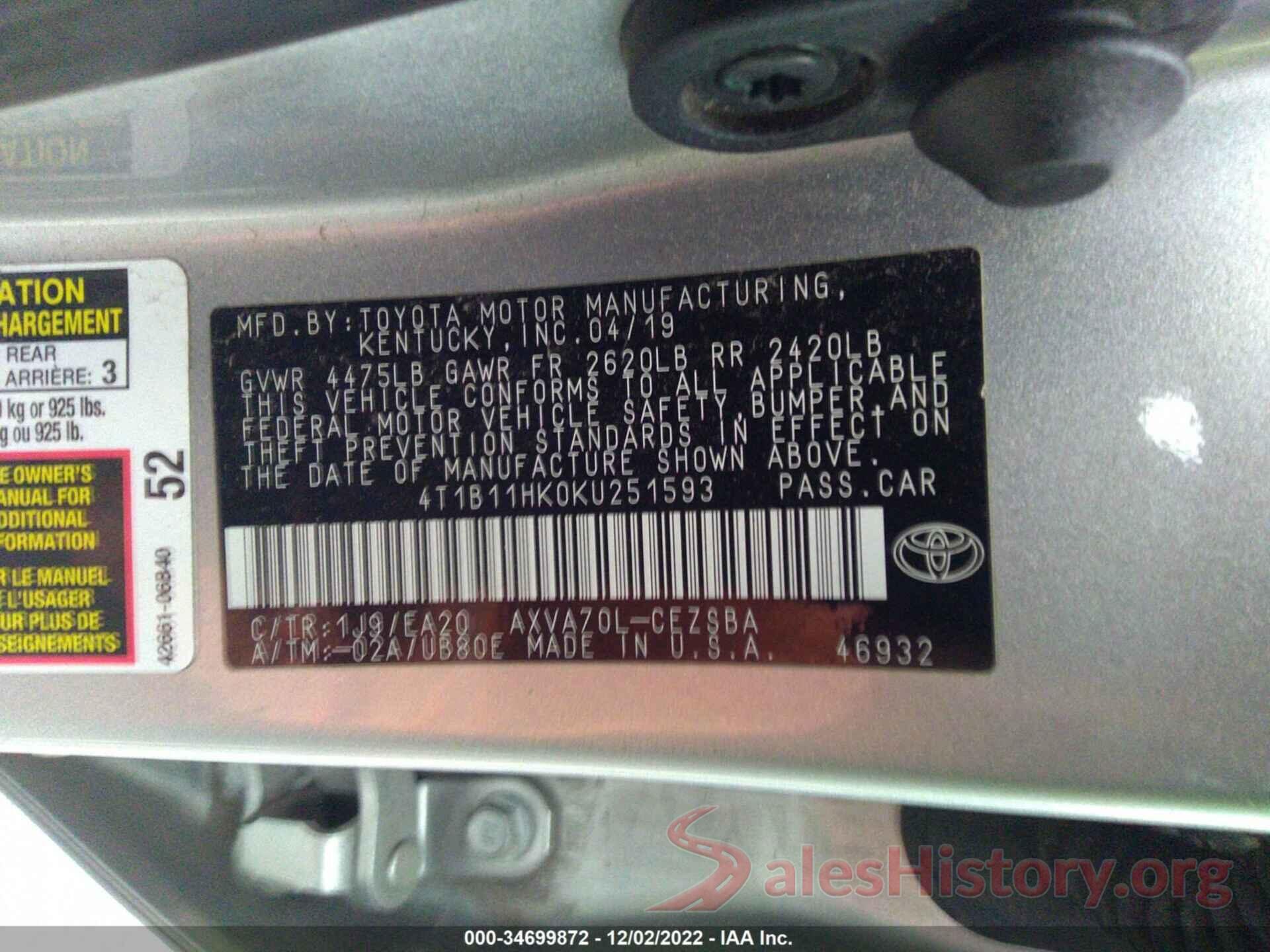 4T1B11HK0KU251593 2019 TOYOTA CAMRY