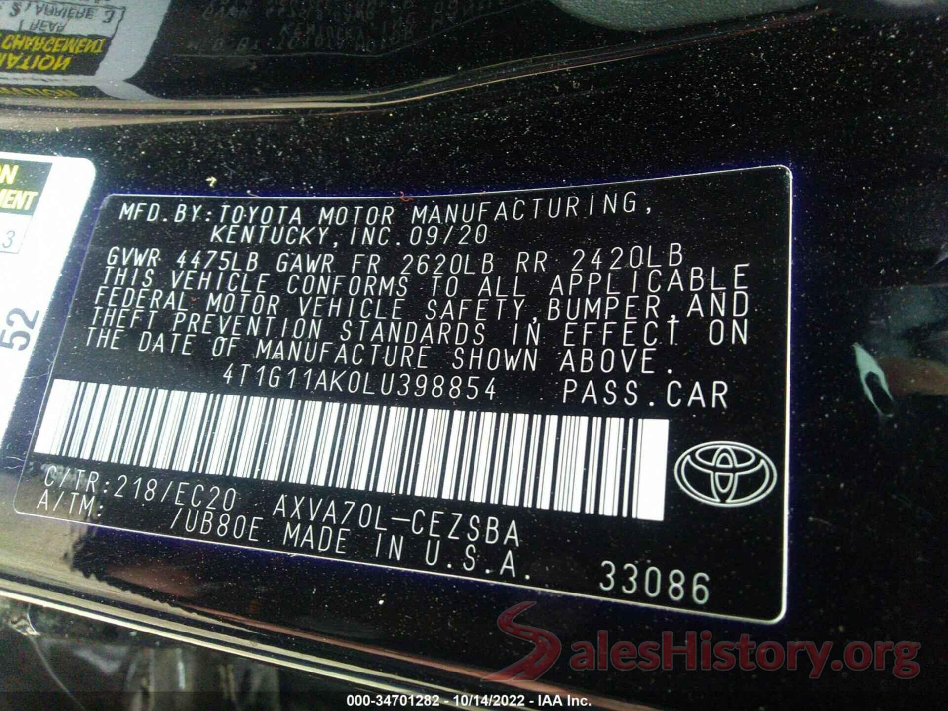 4T1G11AK0LU398854 2020 TOYOTA CAMRY