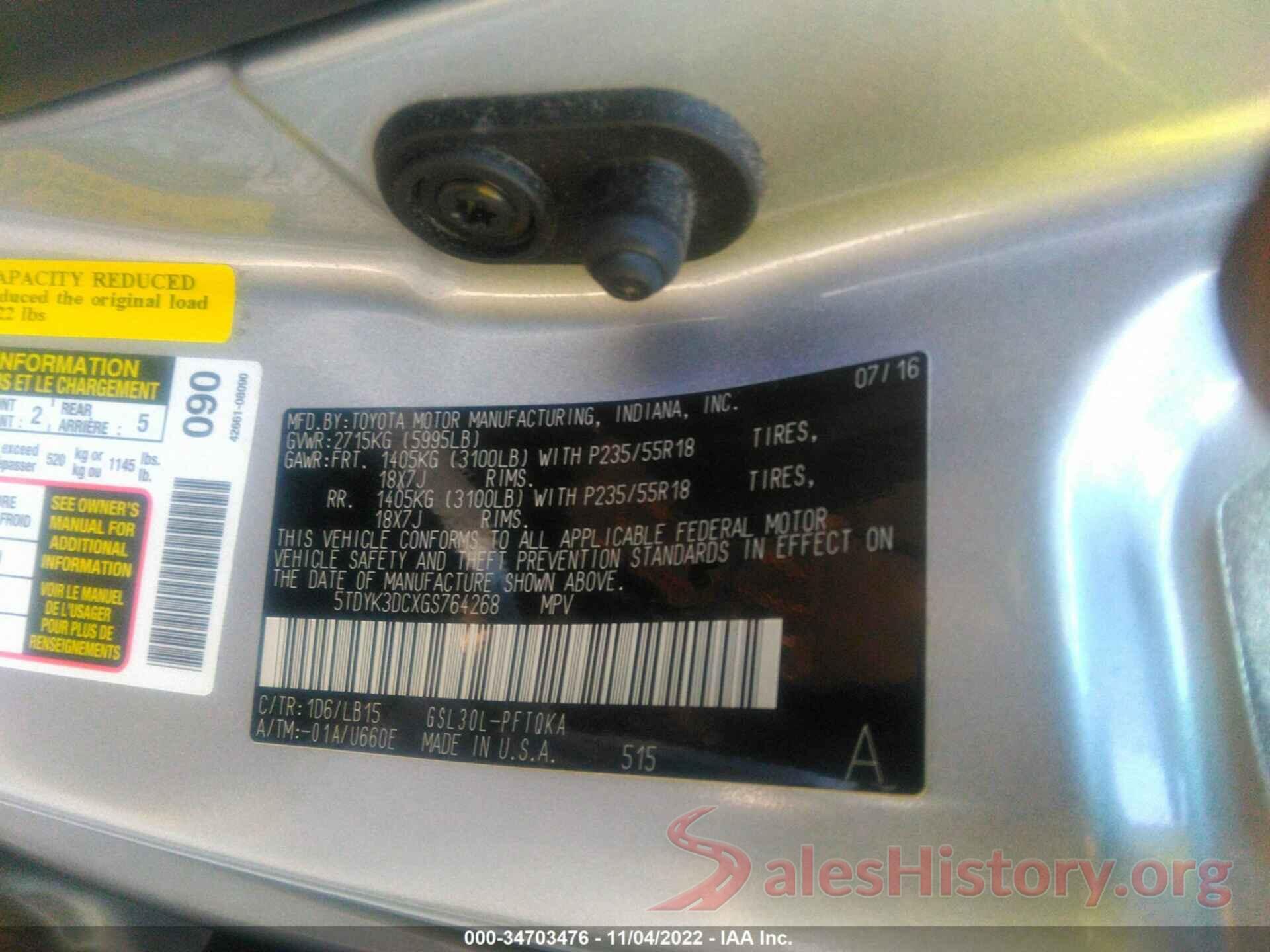 5TDYK3DCXGS764268 2016 TOYOTA SIENNA