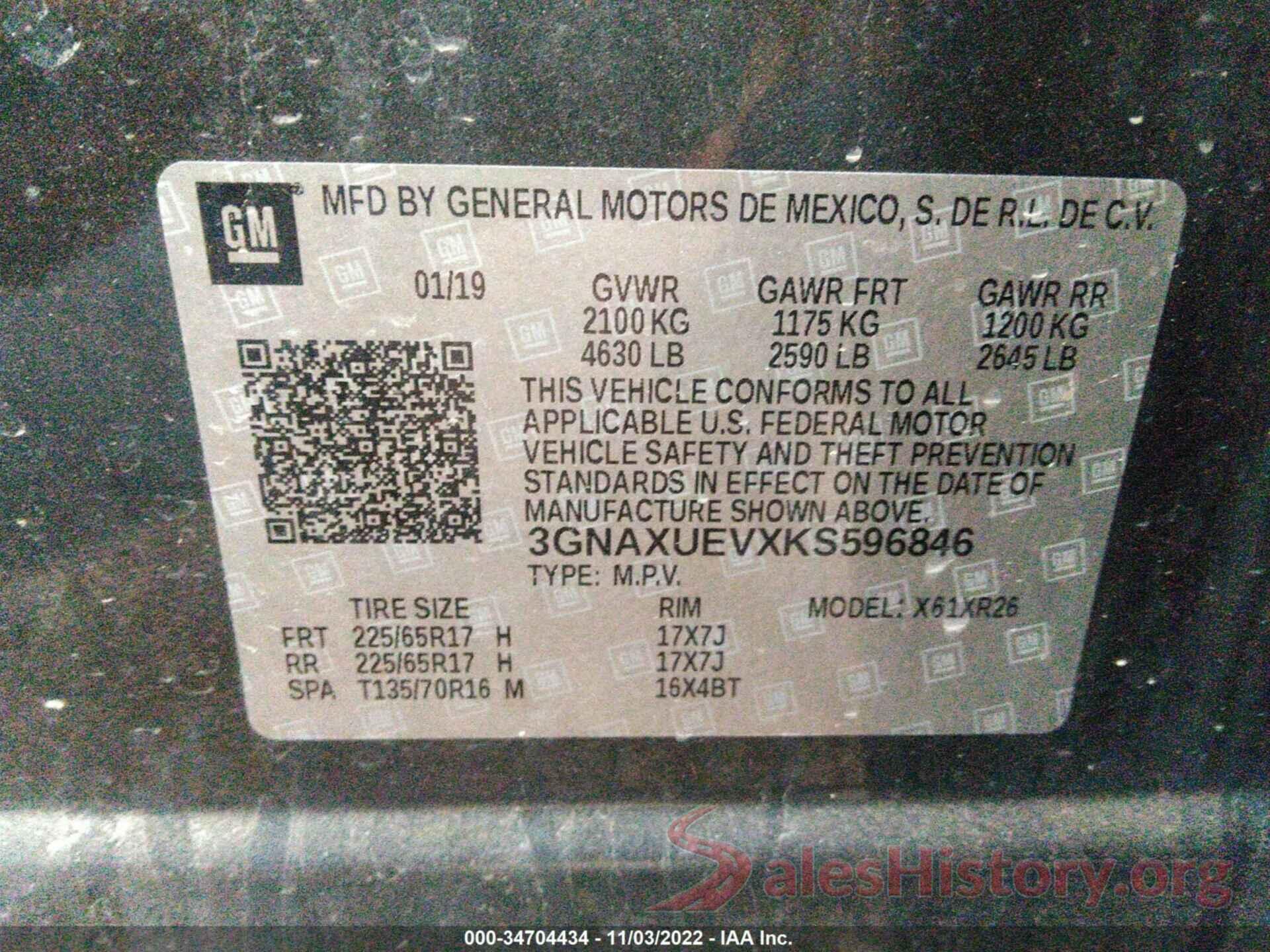 3GNAXUEVXKS596846 2019 CHEVROLET EQUINOX