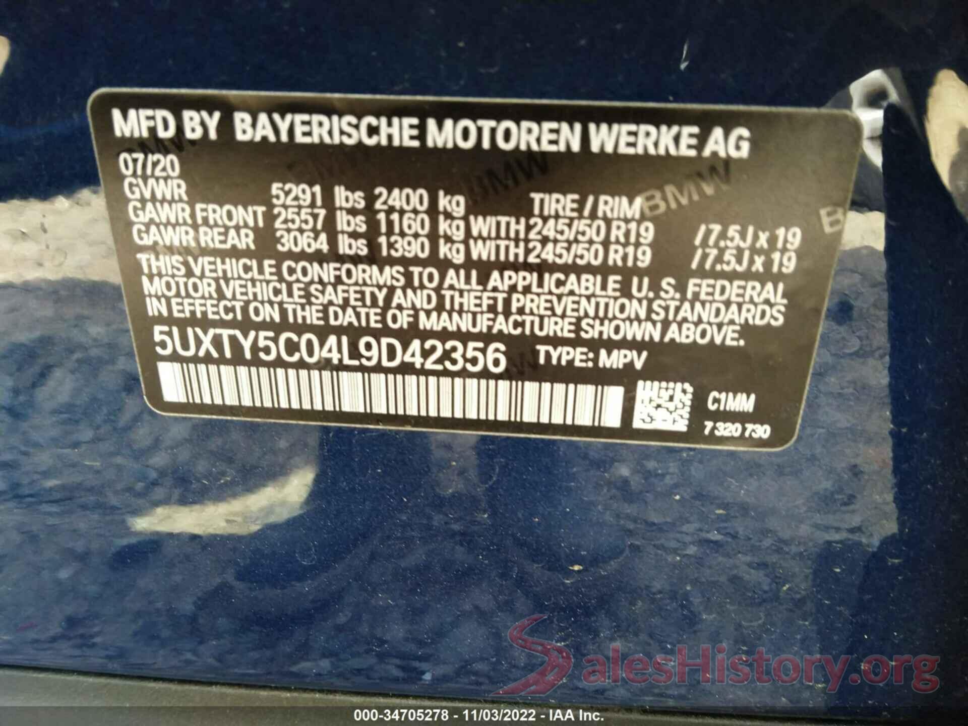 5UXTY5C04L9D42356 2020 BMW X3