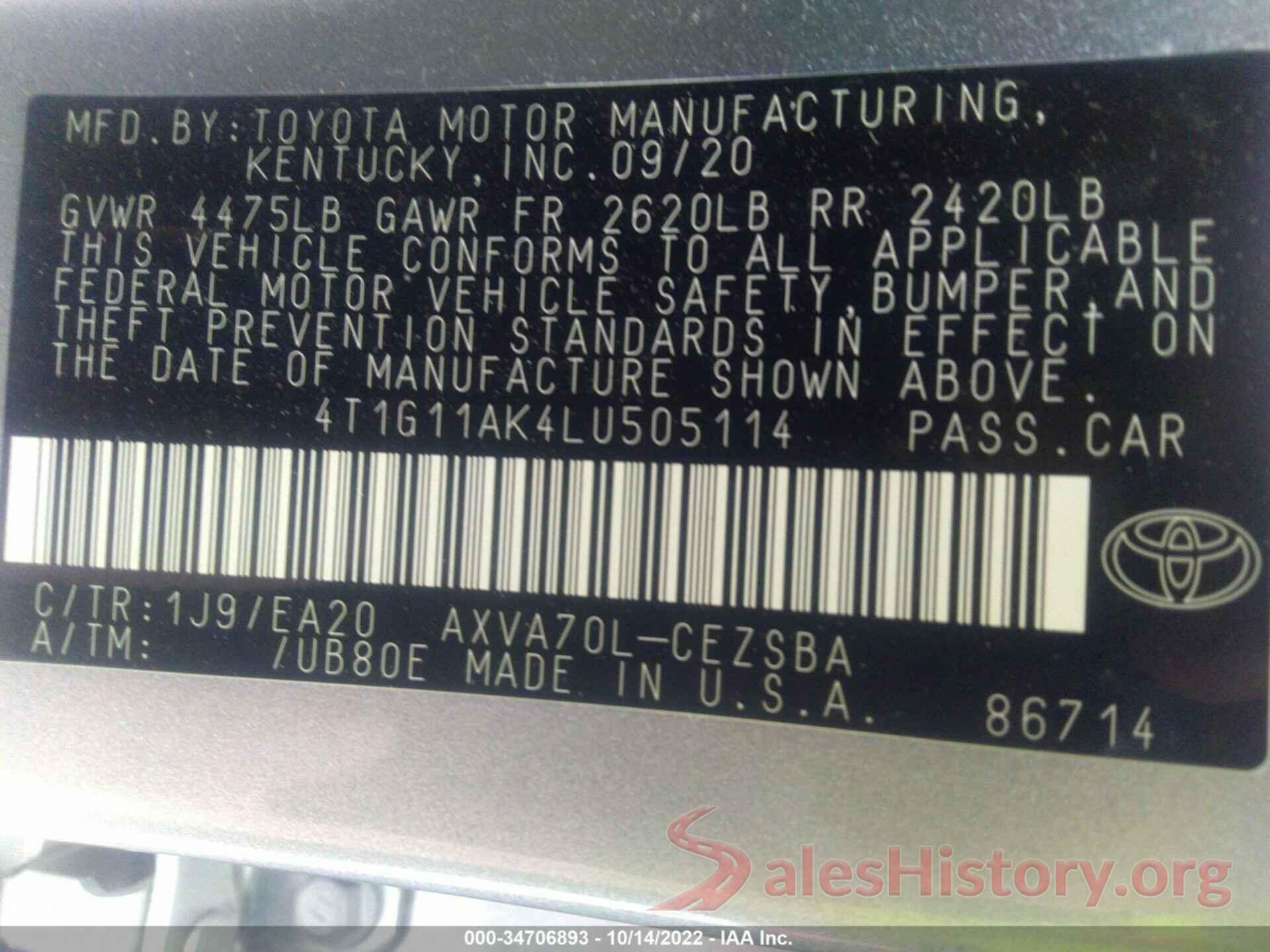 4T1G11AK4LU505114 2020 TOYOTA CAMRY