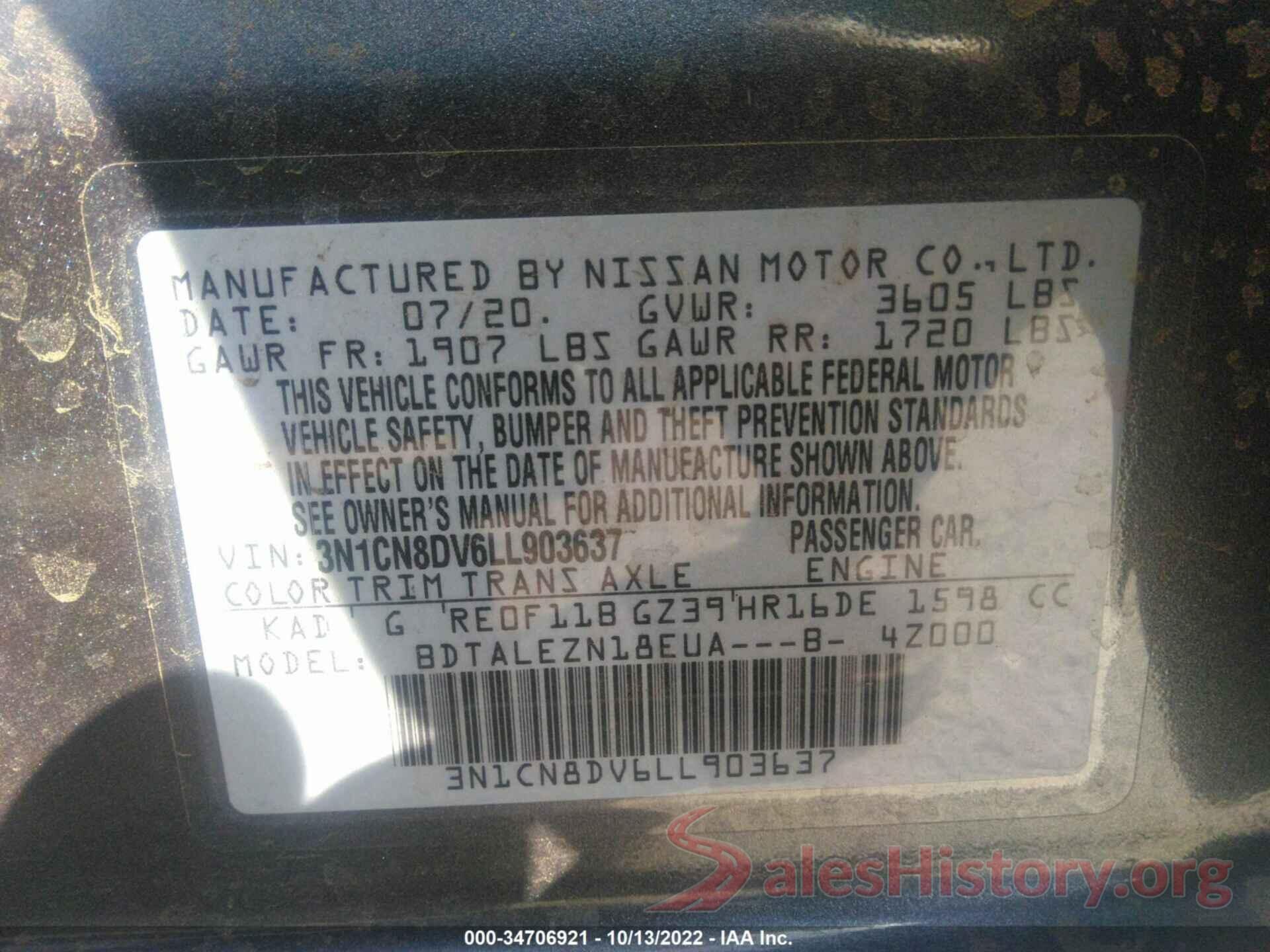 3N1CN8DV6LL903637 2020 NISSAN VERSA