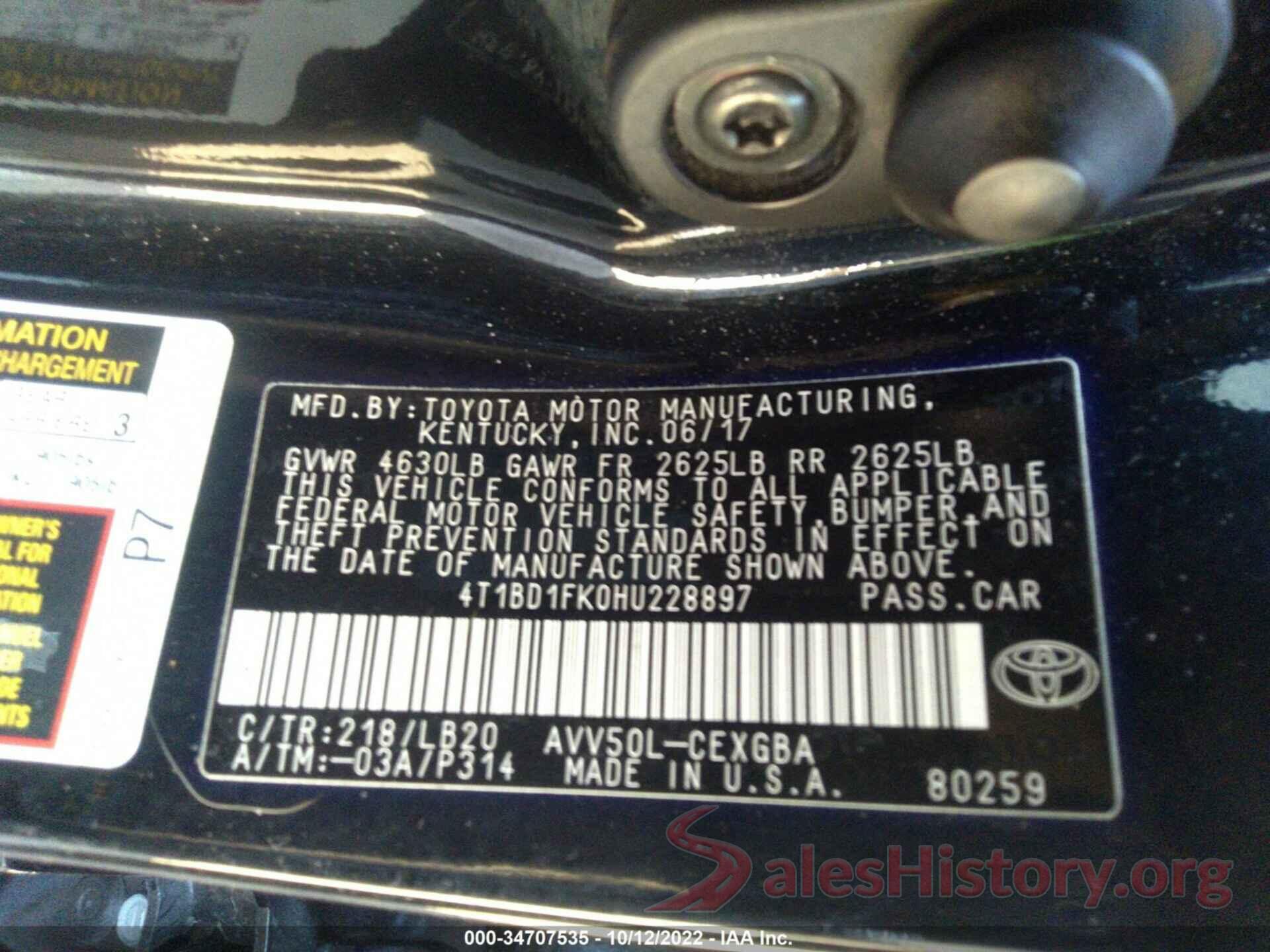 4T1BD1FK0HU228897 2017 TOYOTA CAMRY