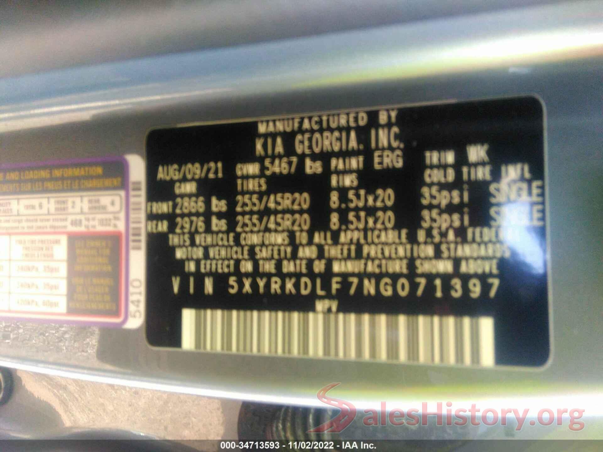 5XYRKDLF7NG071397 2022 KIA SORENTO