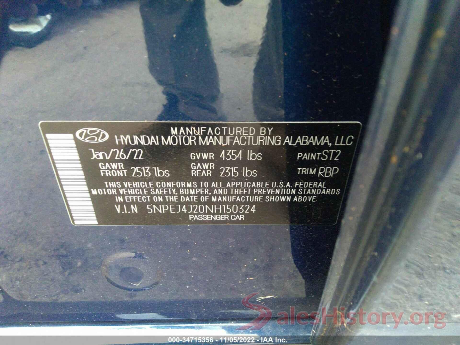 5NPEJ4J20NH150324 2022 HYUNDAI SONATA