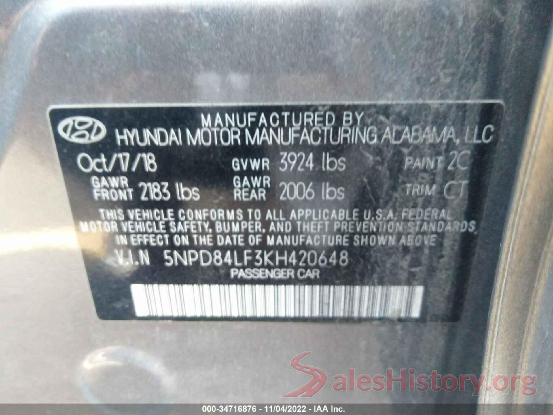 5NPD84LF3KH420648 2019 HYUNDAI ELANTRA