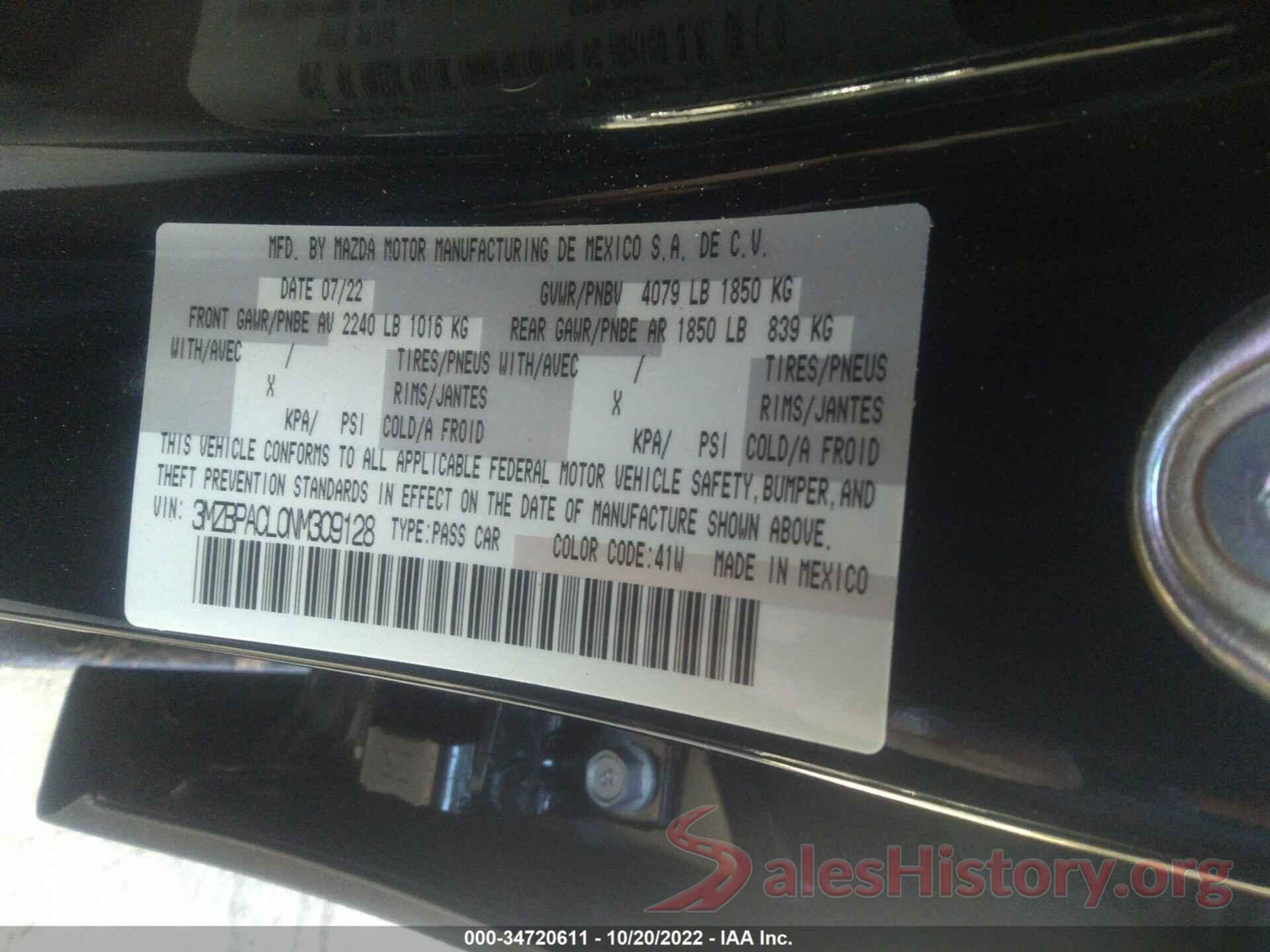 3MZBPACL0NM309128 2022 MAZDA MAZDA3 SEDAN