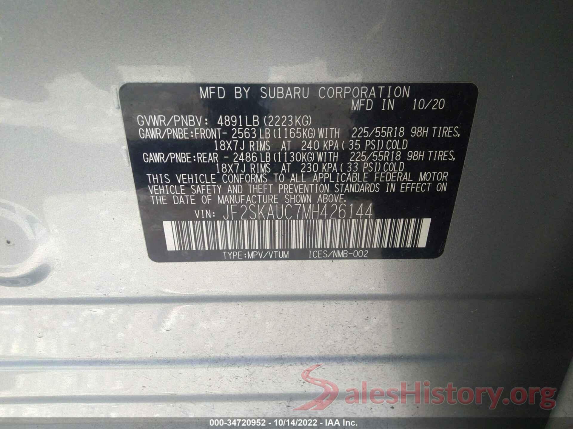 JF2SKAUC7MH426144 2021 SUBARU FORESTER