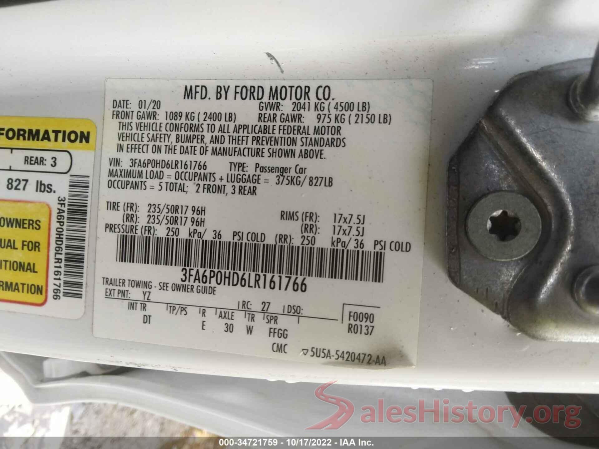 3FA6P0HD6LR161766 2020 FORD FUSION