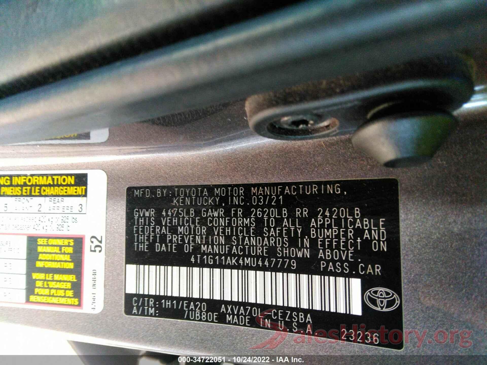 4T1G11AK4MU447779 2021 TOYOTA CAMRY