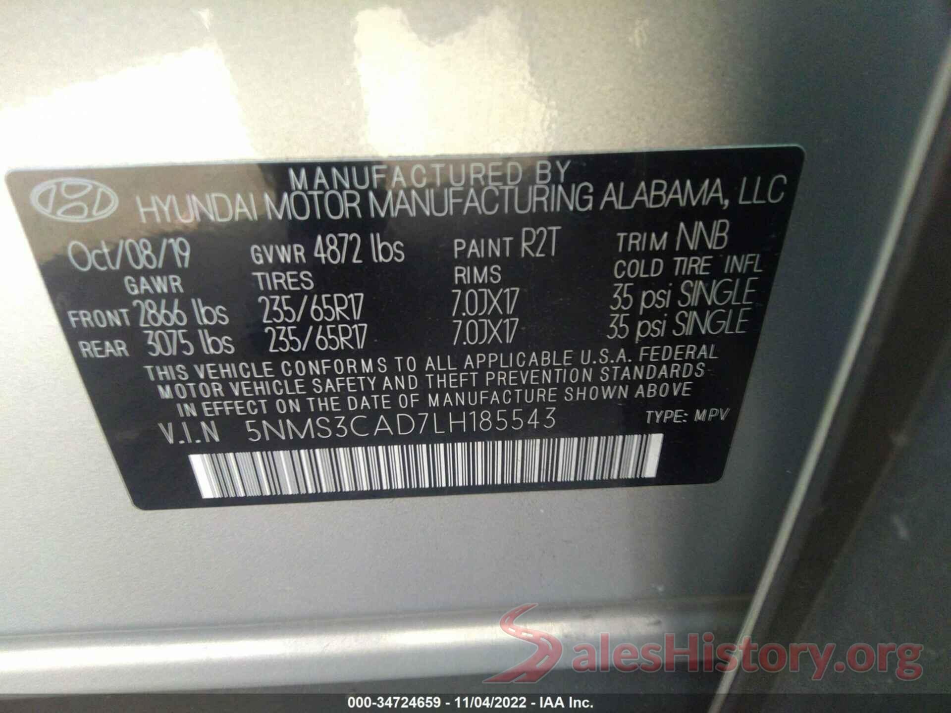 5NMS3CAD7LH185543 2020 HYUNDAI SANTA FE