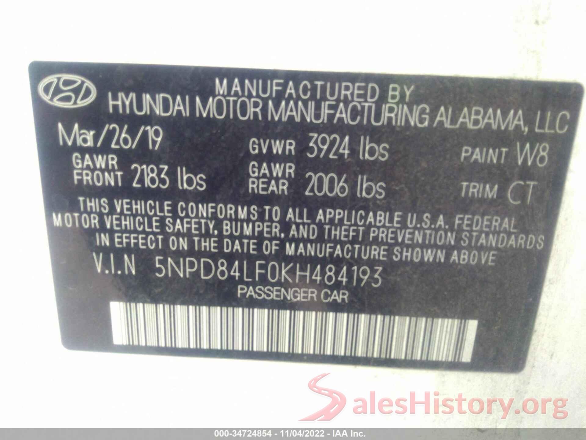 5NPD84LF0KH484193 2019 HYUNDAI ELANTRA