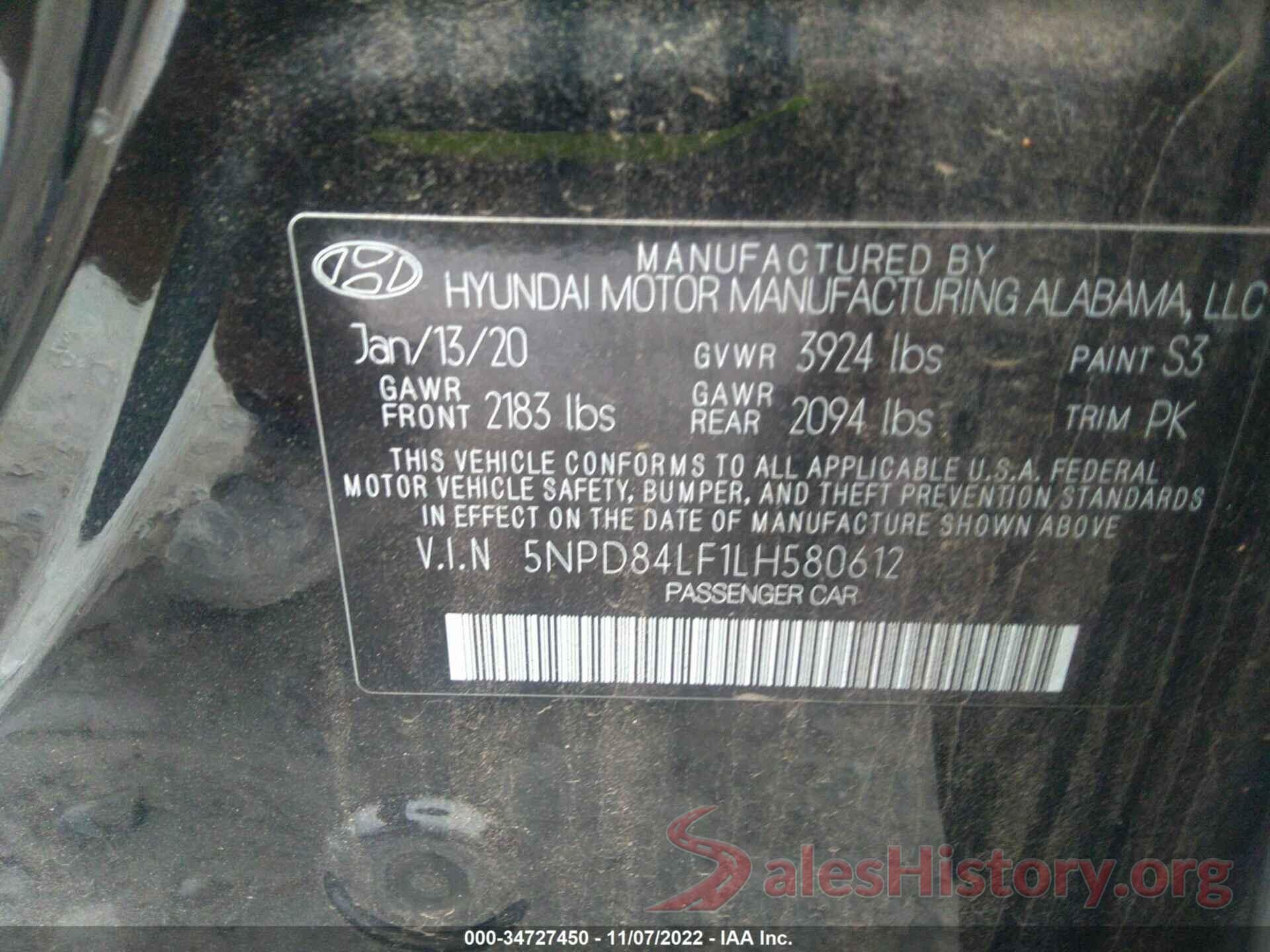 5NPD84LF1LH580612 2020 HYUNDAI ELANTRA