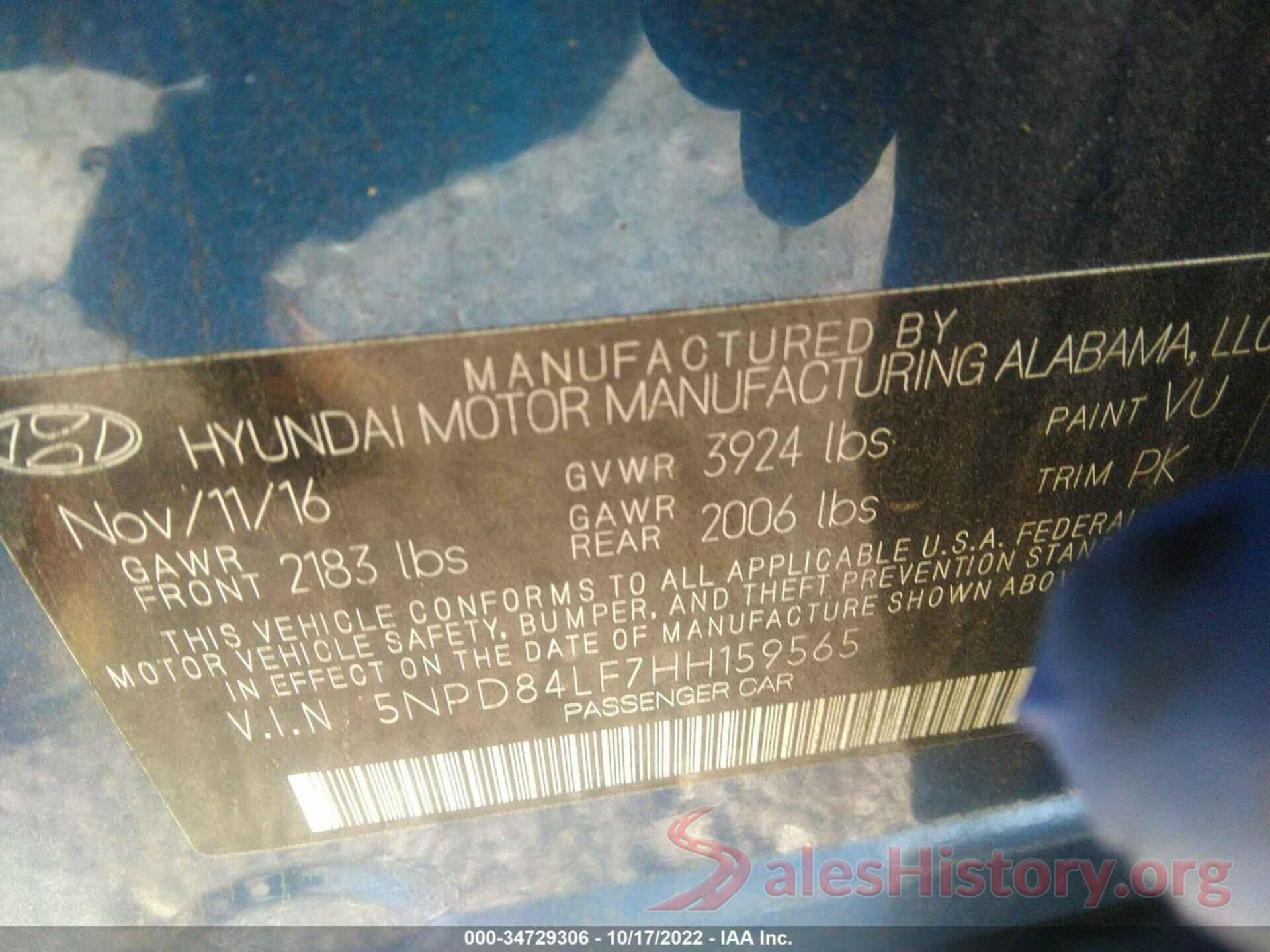 5NPD84LF7HH159565 2017 HYUNDAI ELANTRA