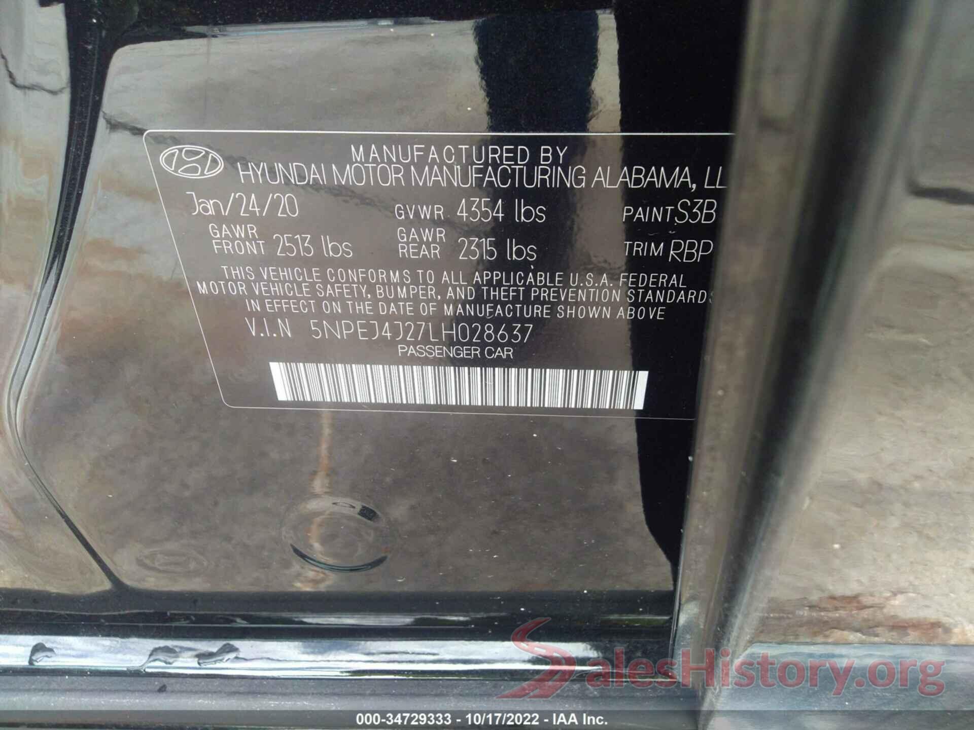 5NPEJ4J27LH028637 2020 HYUNDAI SONATA